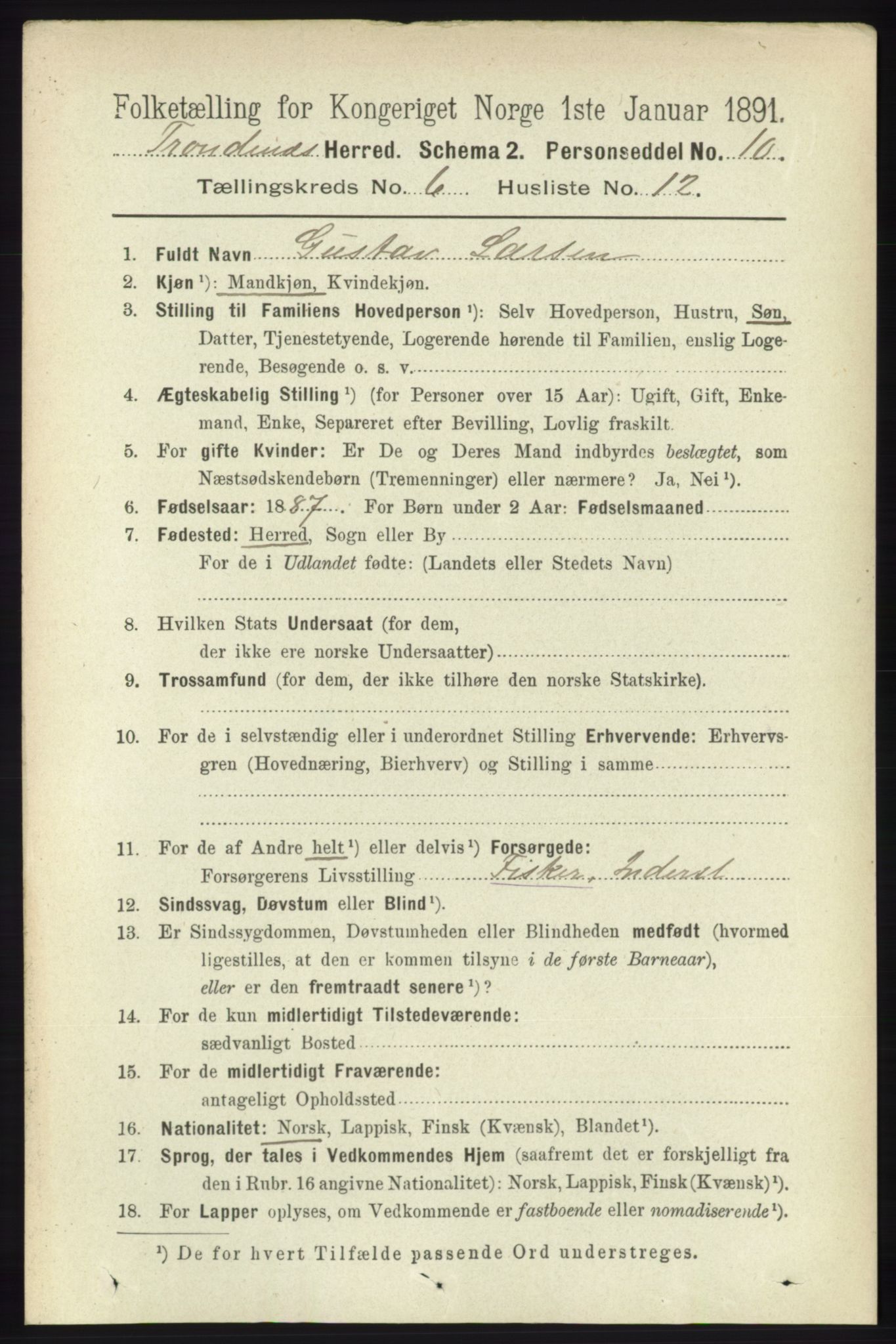 RA, 1891 census for 1914 Trondenes, 1891, p. 3886