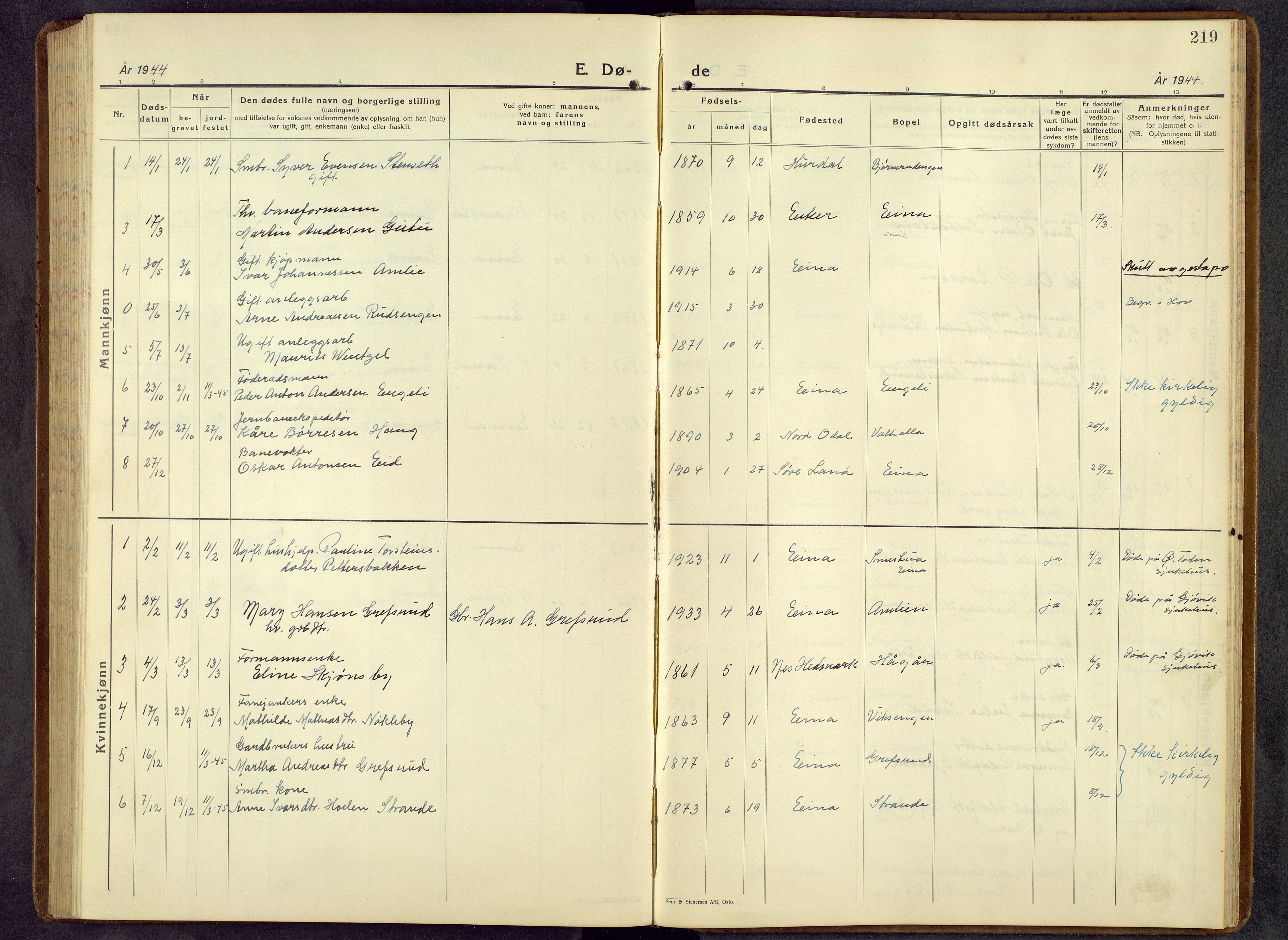 Kolbu prestekontor, SAH/PREST-110/H/Ha/Hab/L0003: Parish register (copy) no. 3, 1935-1966, p. 219