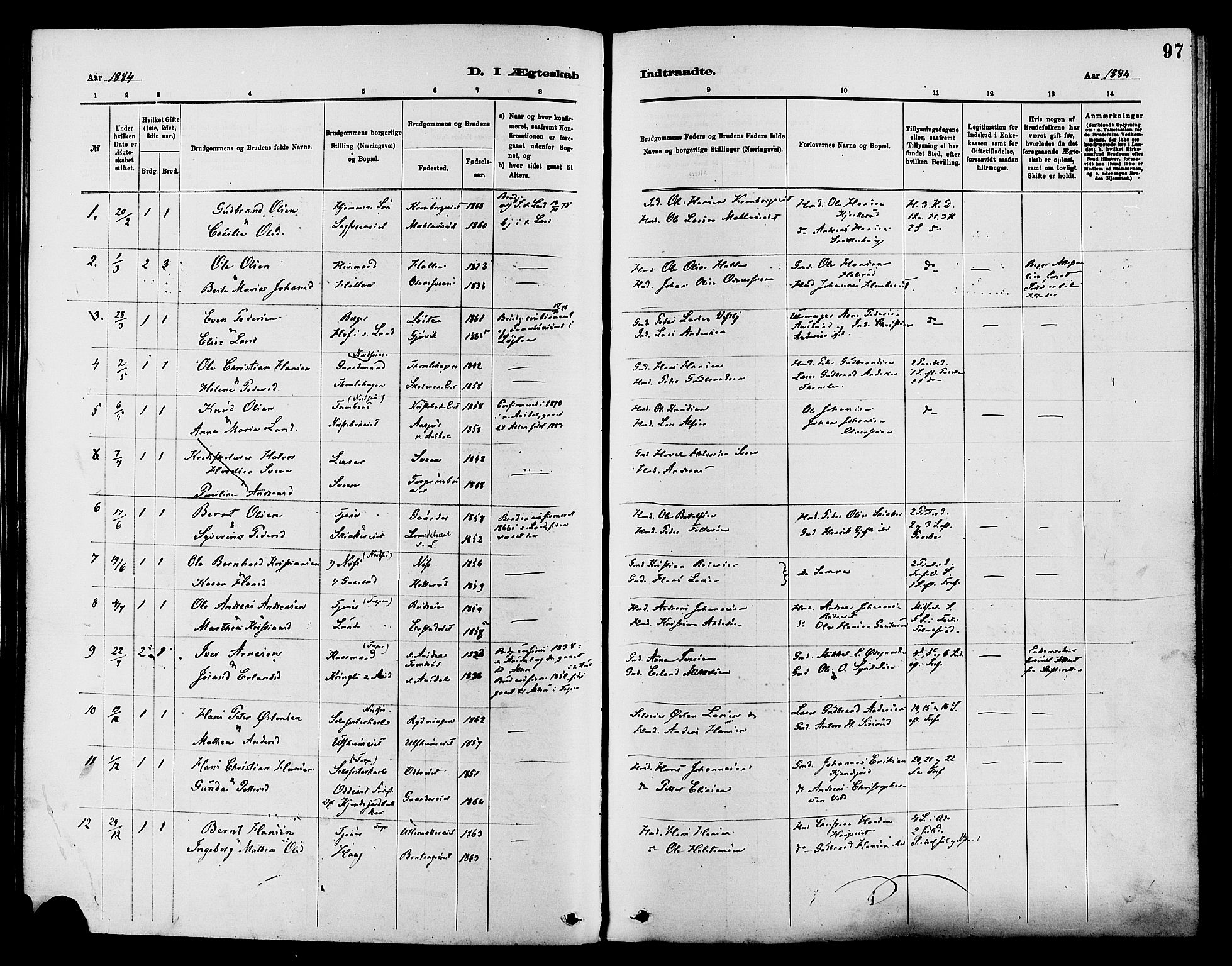 Nordre Land prestekontor, SAH/PREST-124/H/Ha/Haa/L0003: Parish register (official) no. 3, 1882-1896, p. 97