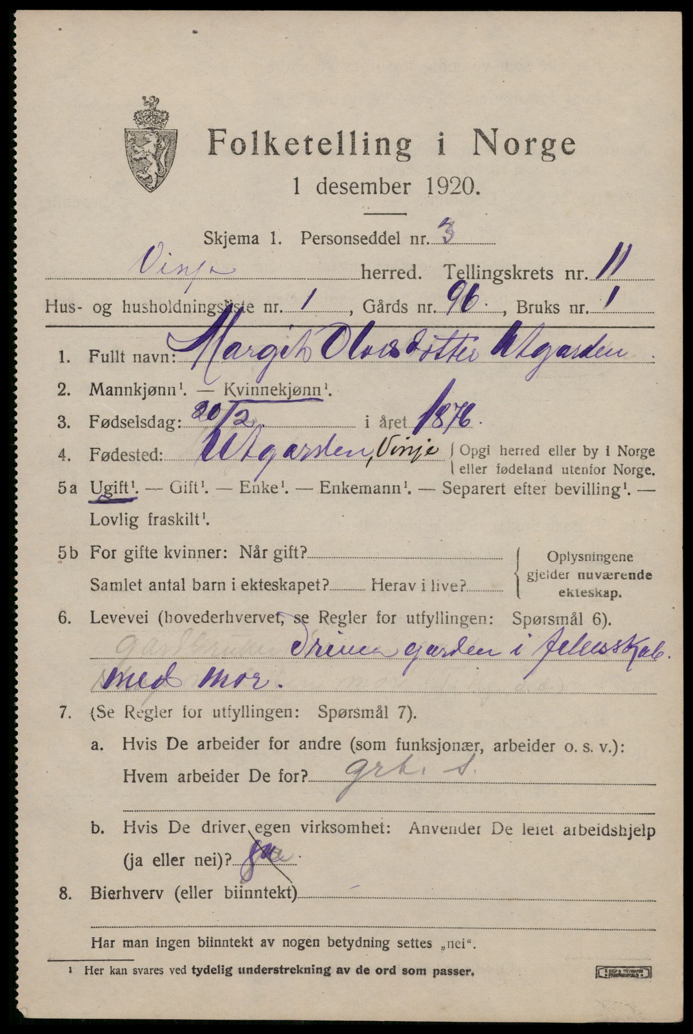 SAKO, 1920 census for Vinje, 1920, p. 3361