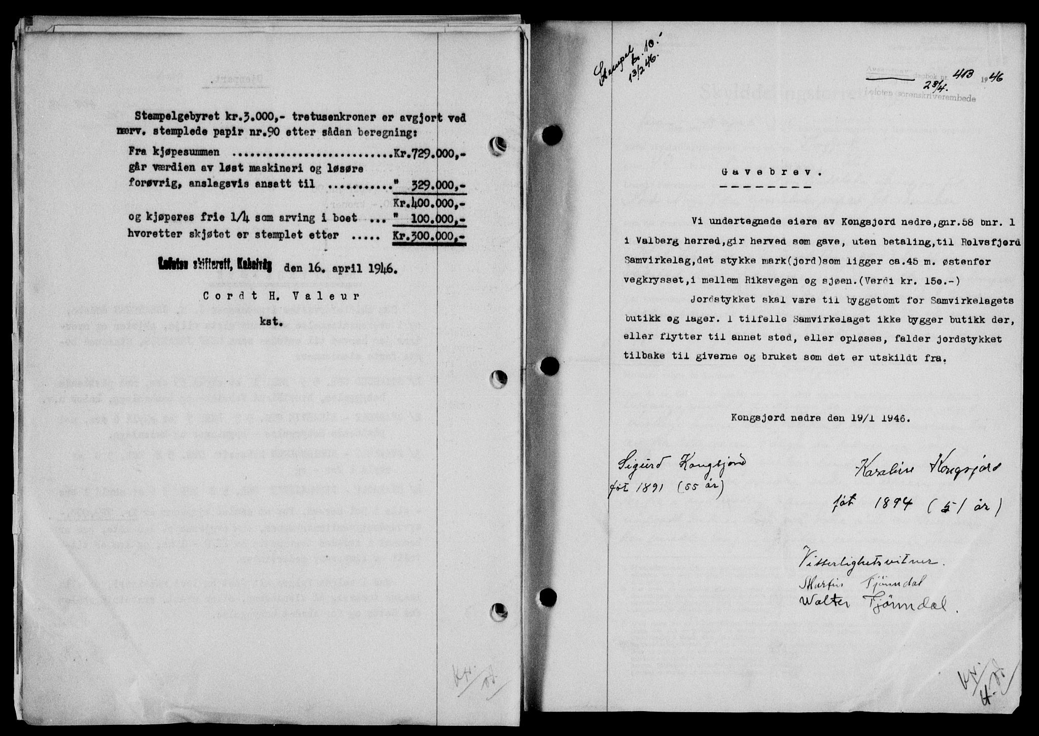 Lofoten sorenskriveri, SAT/A-0017/1/2/2C/L0013a: Mortgage book no. 13a, 1944-1946, Diary no: : 413/1946