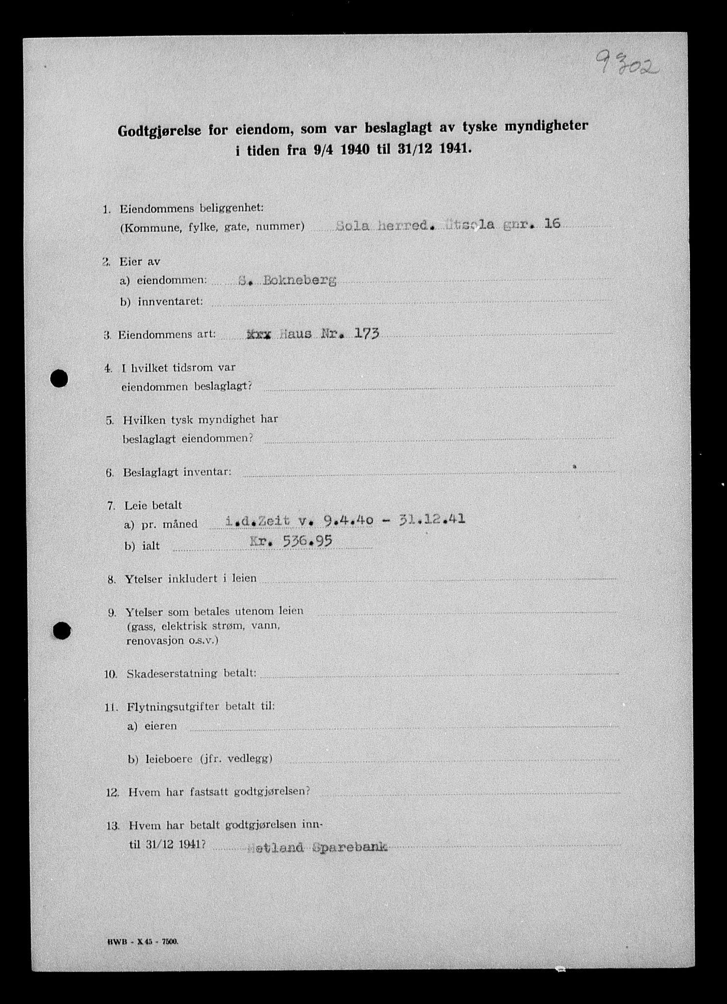 Justisdepartementet, Tilbakeføringskontoret for inndratte formuer, AV/RA-S-1564/I/L1014: Godtgjørelse for beslaglagt eiendom, 1940-1941, p. 185