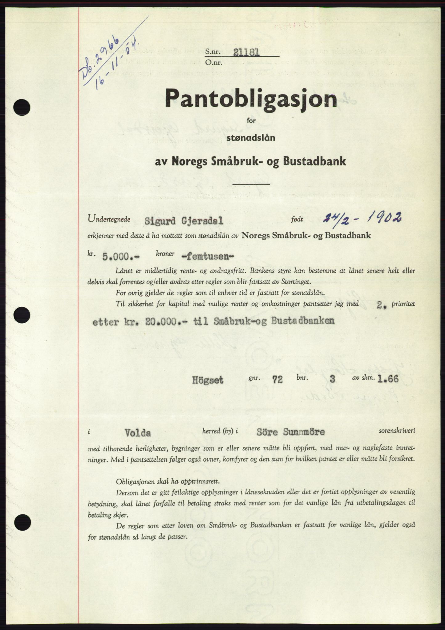 Søre Sunnmøre sorenskriveri, AV/SAT-A-4122/1/2/2C/L0126: Mortgage book no. 14B, 1954-1955, Diary no: : 2966/1954