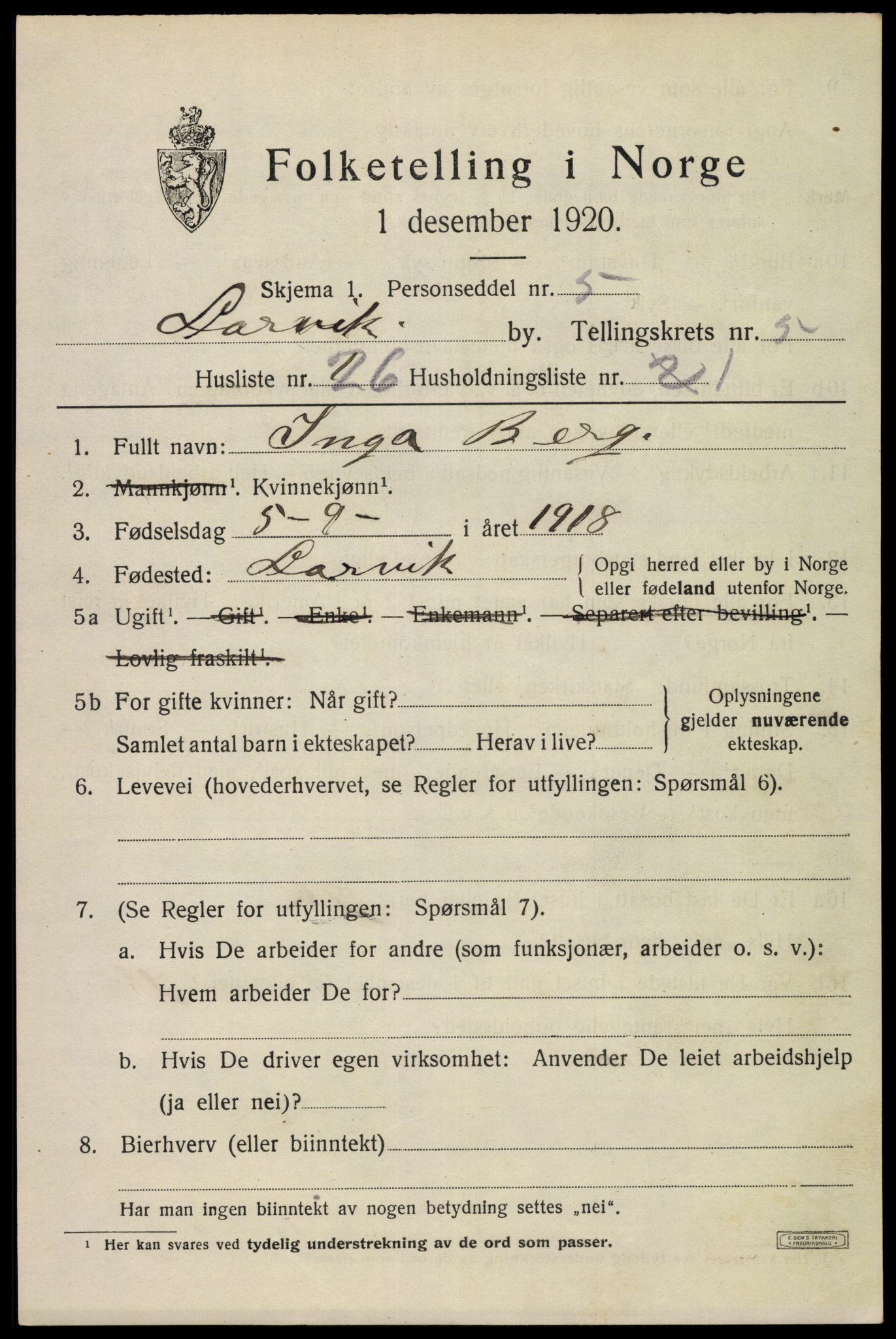 SAKO, 1920 census for Larvik, 1920, p. 16534