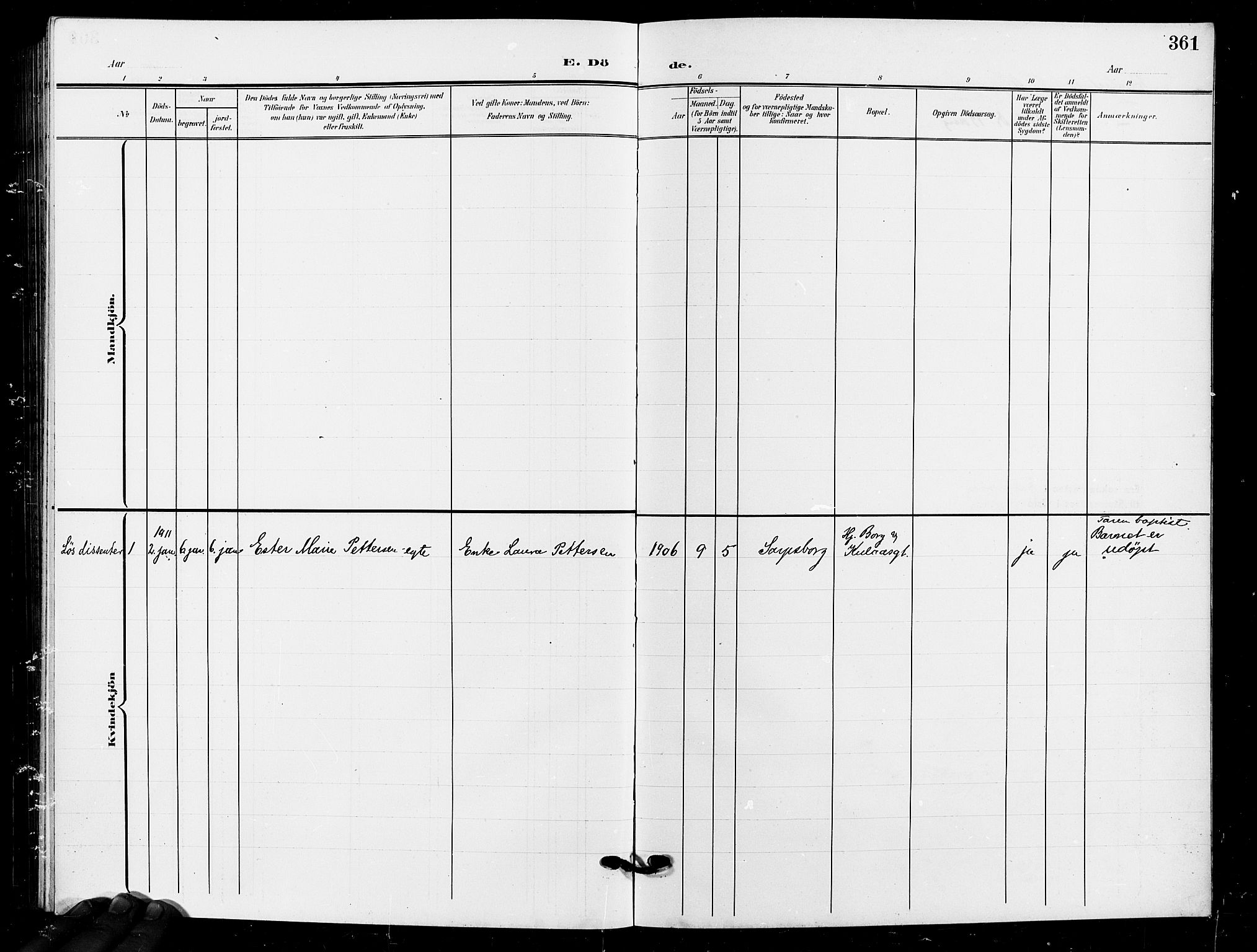 Sarpsborg prestekontor Kirkebøker, SAO/A-2006/G/Ga/L0001: Parish register (copy) no. 1, 1902-1911, p. 361