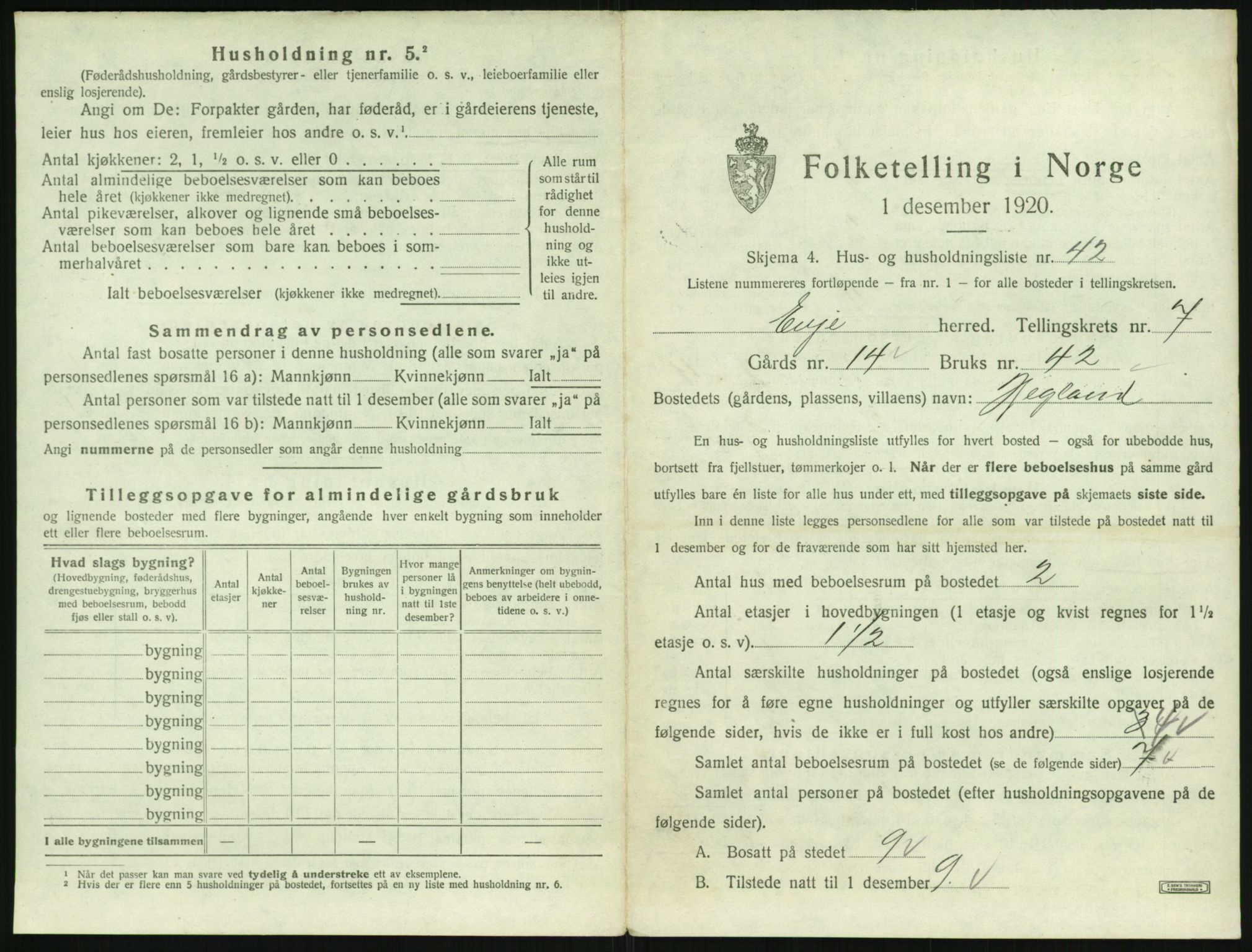 SAK, 1920 census for Evje, 1920, p. 424