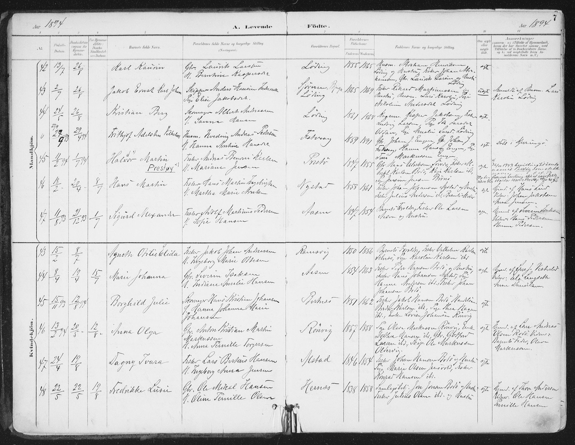 Ministerialprotokoller, klokkerbøker og fødselsregistre - Nordland, AV/SAT-A-1459/802/L0055: Parish register (official) no. 802A02, 1894-1915, p. 7