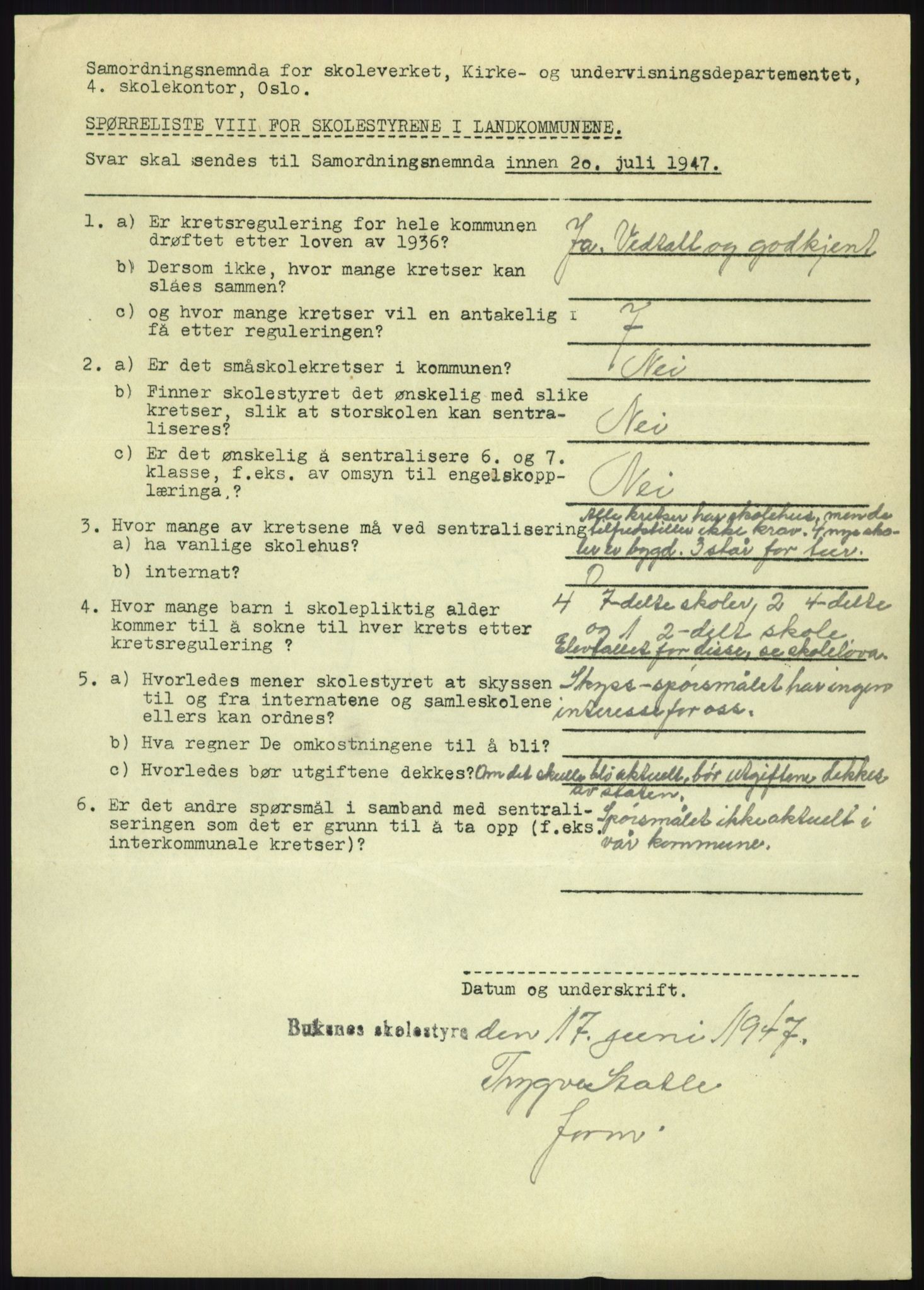 Kirke- og undervisningsdepartementet, Samordningsnemnda for skoleverket, RA/S-1146/D/L0008: Svar på spørreskjema fra kommuner i Nord-Trøndelag, Nordland, Troms og Finnmark, 1947, p. 683