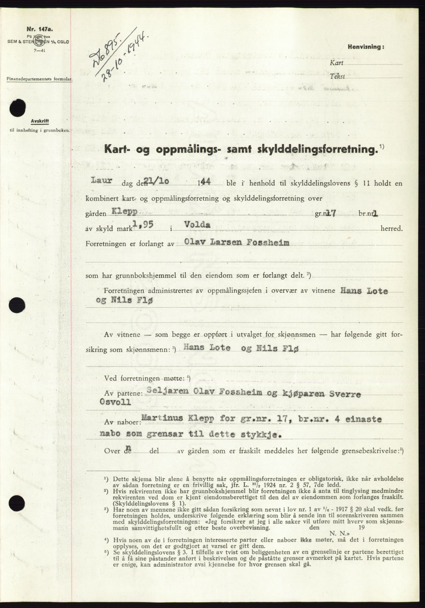 Søre Sunnmøre sorenskriveri, AV/SAT-A-4122/1/2/2C/L0076: Mortgage book no. 2A, 1943-1944, Diary no: : 895/1944