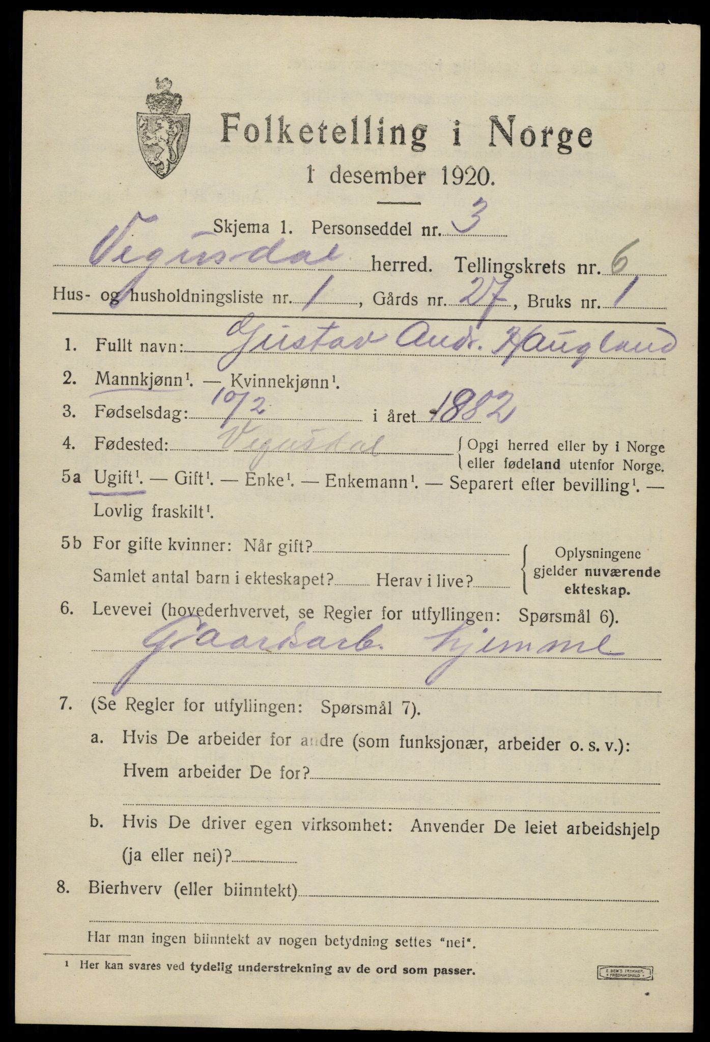 SAK, 1920 census for Vegusdal, 1920, p. 1465