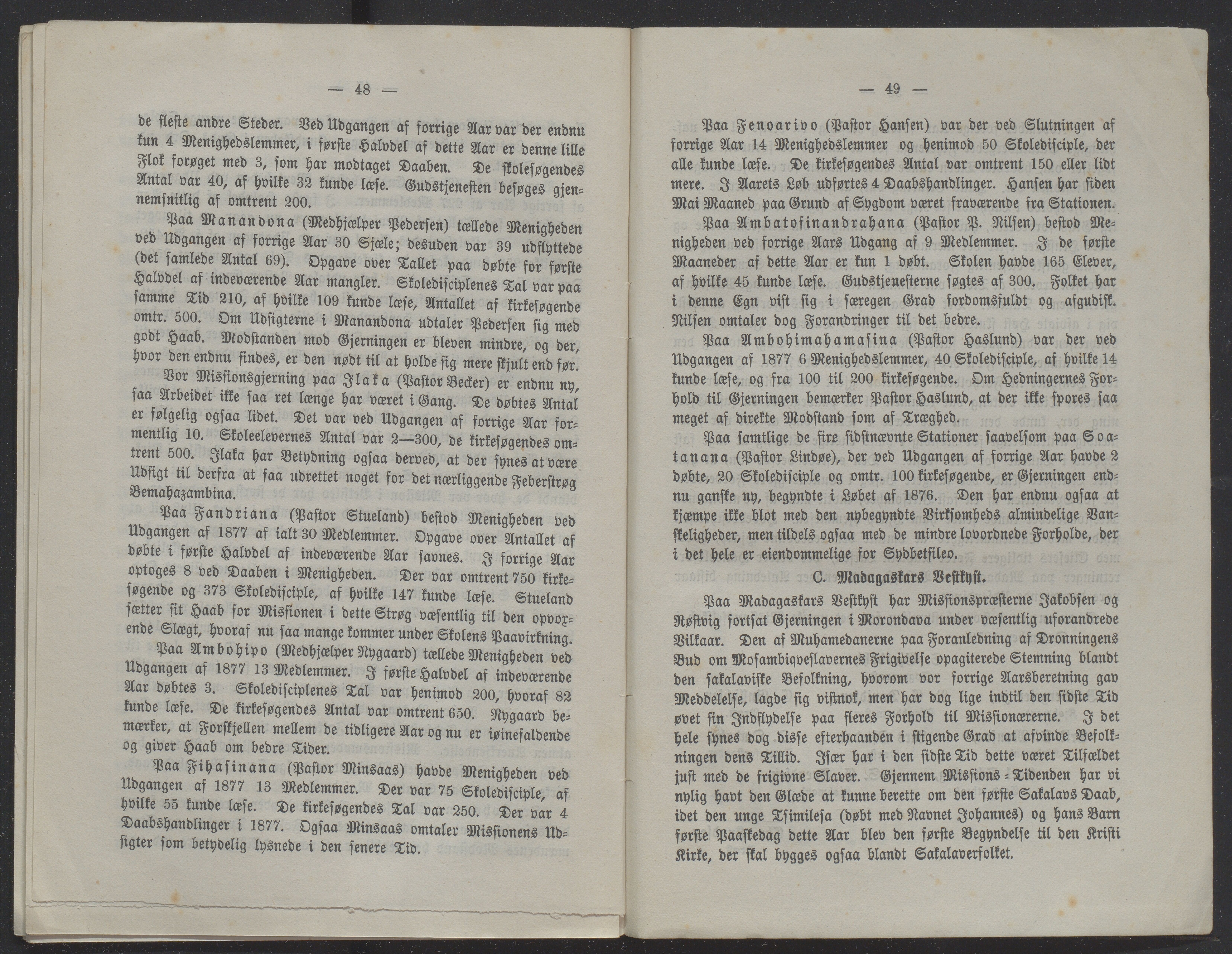 Det Norske Misjonsselskap - hovedadministrasjonen, VID/MA-A-1045/D/Db/Dba/L0338/0006: Beretninger, Bøker, Skrifter o.l   / Årsberetninger 36. , 1878, p. 48-49