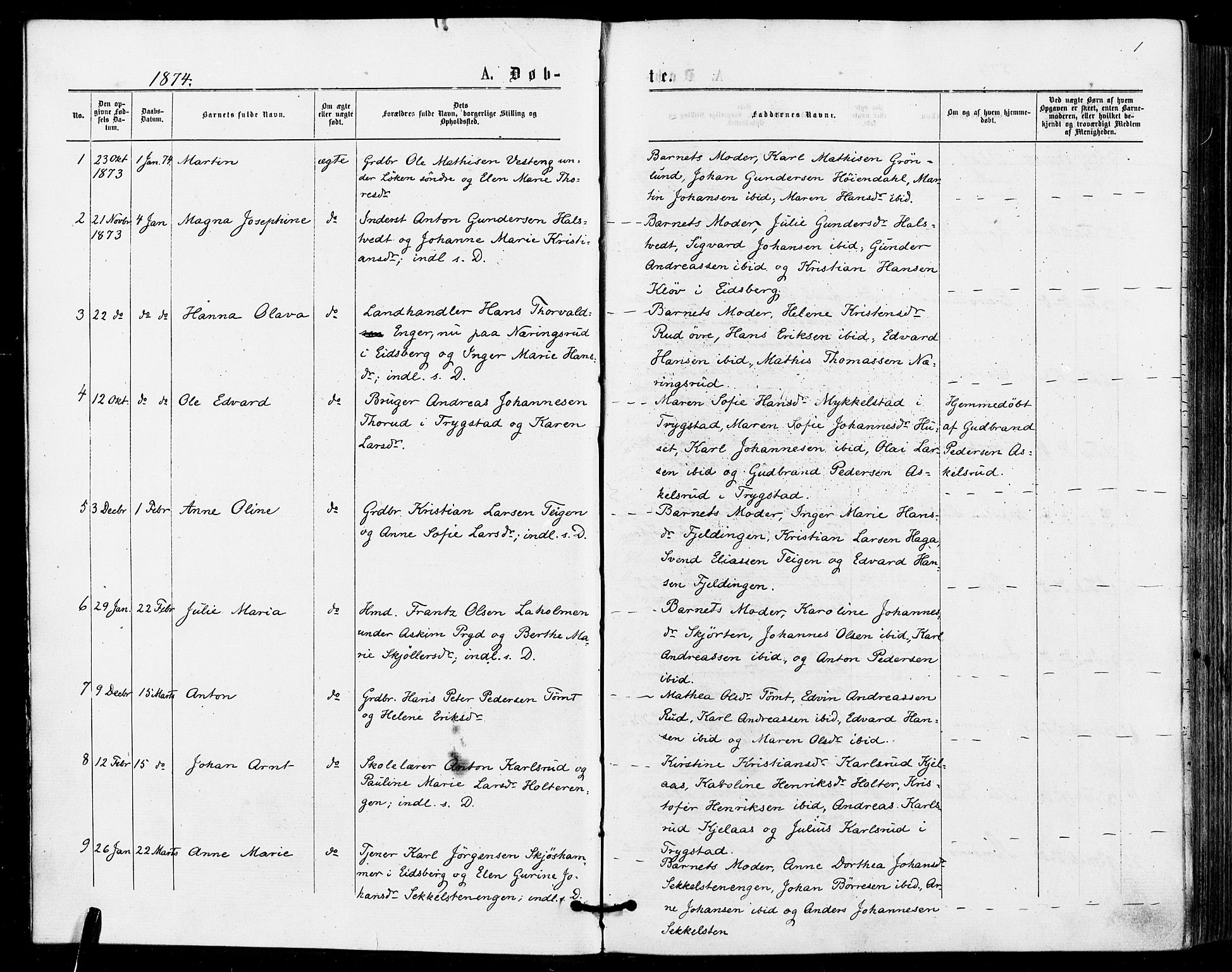 Askim prestekontor Kirkebøker, SAO/A-10900/F/Fa/L0006: Parish register (official) no. 6, 1874-1881, p. 1