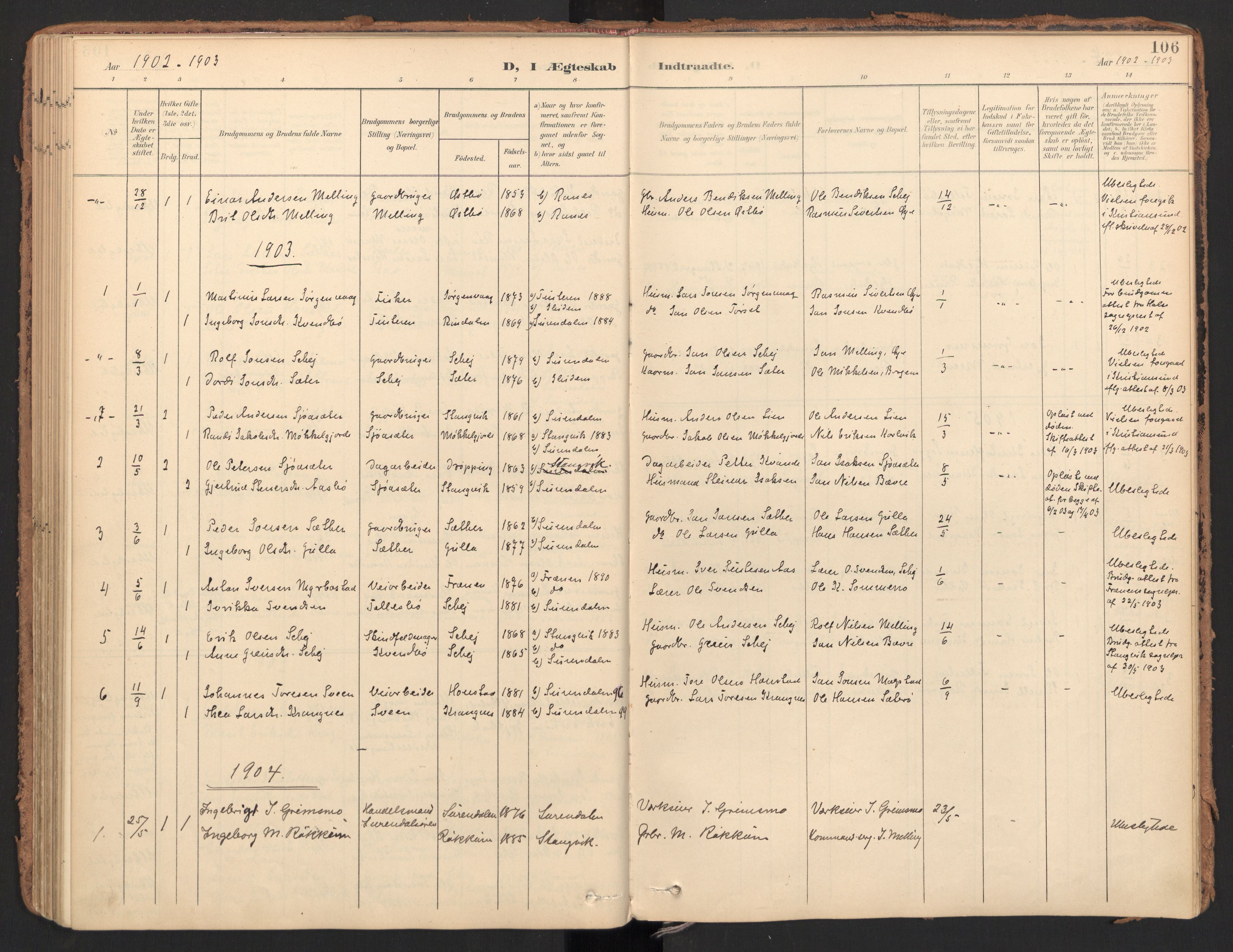 Ministerialprotokoller, klokkerbøker og fødselsregistre - Møre og Romsdal, AV/SAT-A-1454/596/L1057: Parish register (official) no. 596A02, 1900-1917, p. 106