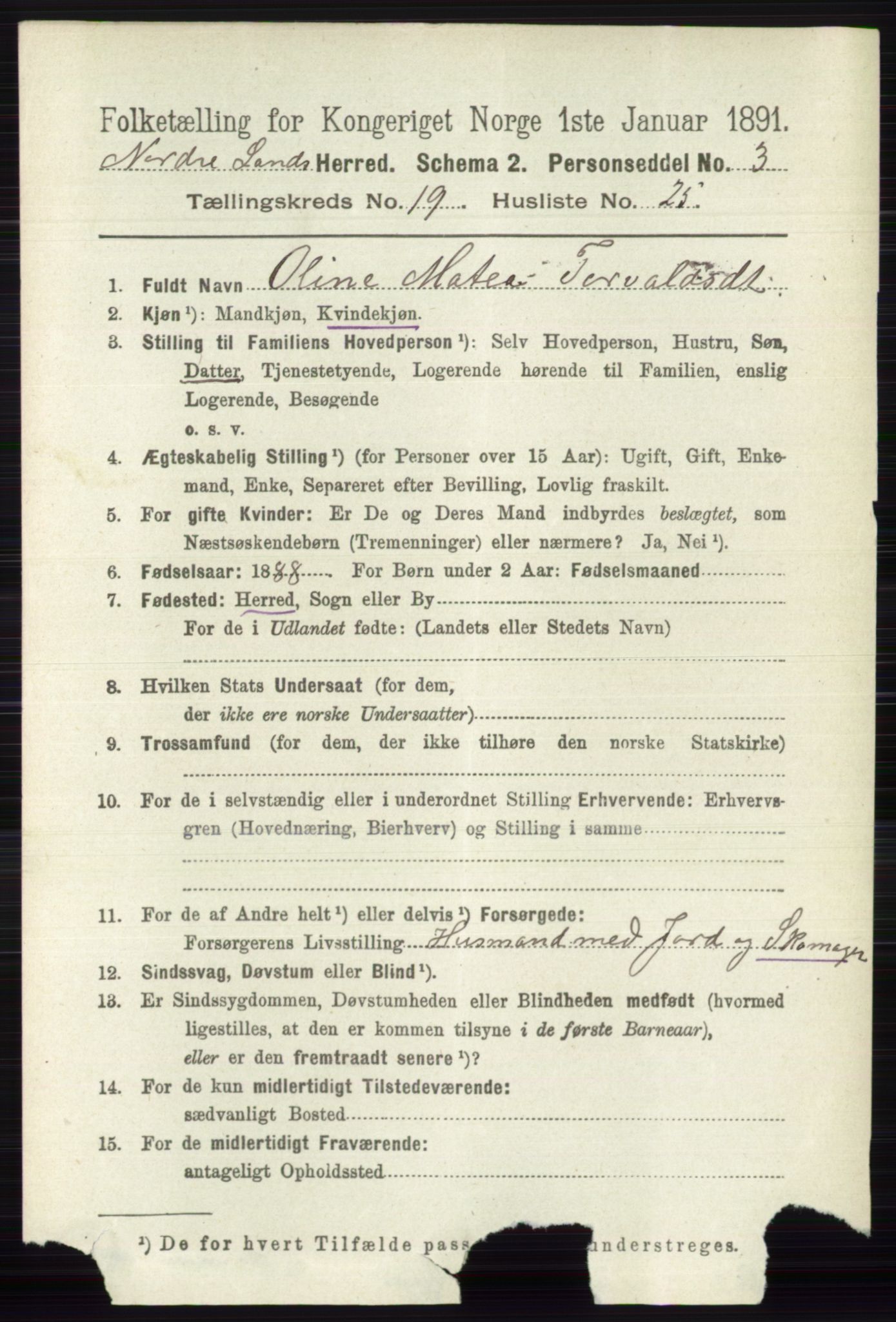 RA, 1891 census for 0538 Nordre Land, 1891, p. 4808