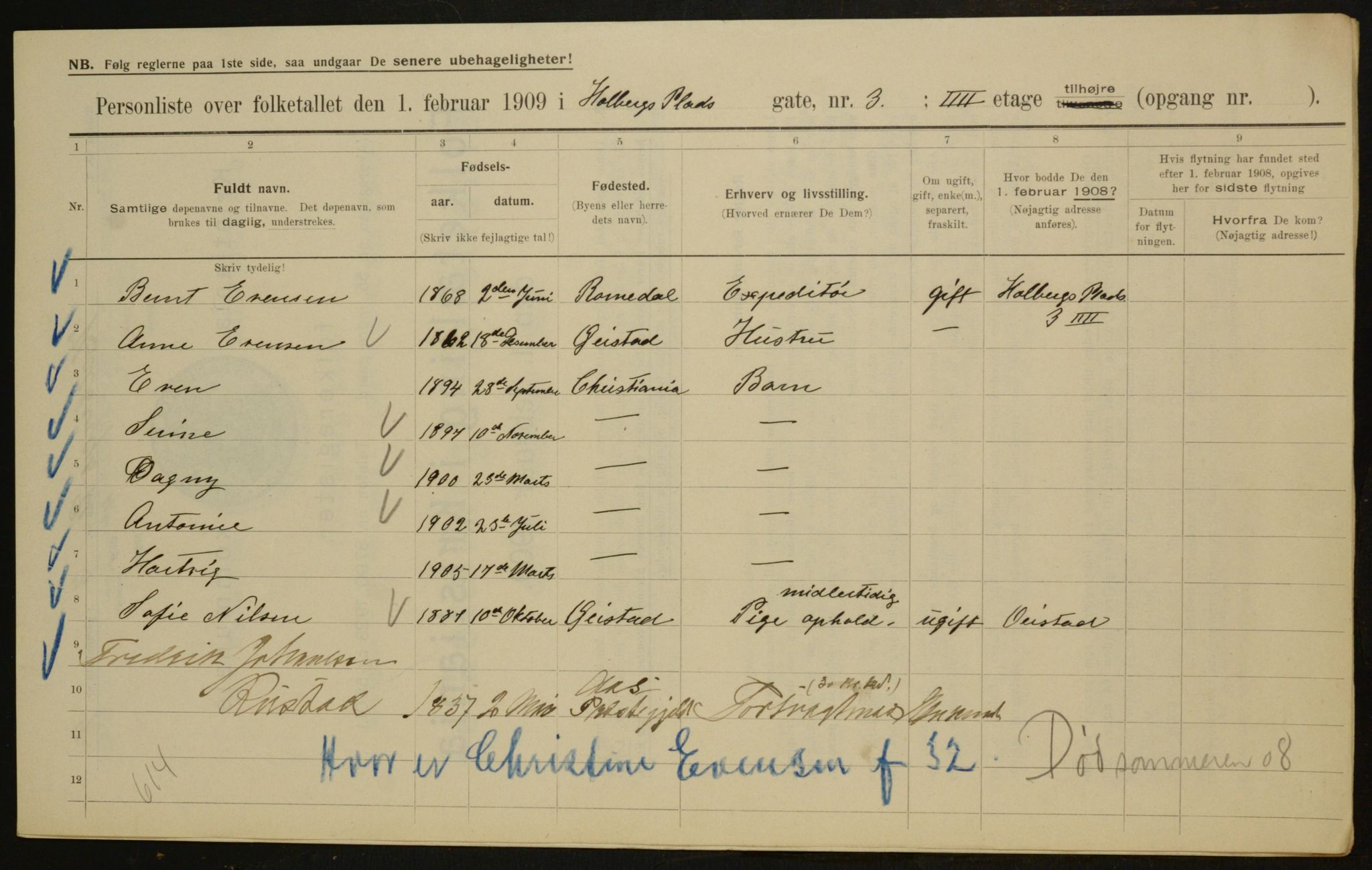 OBA, Municipal Census 1909 for Kristiania, 1909, p. 36758