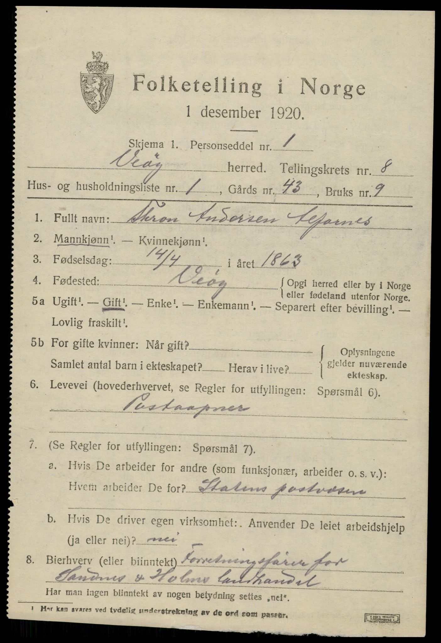 SAT, 1920 census for Veøy, 1920, p. 3539