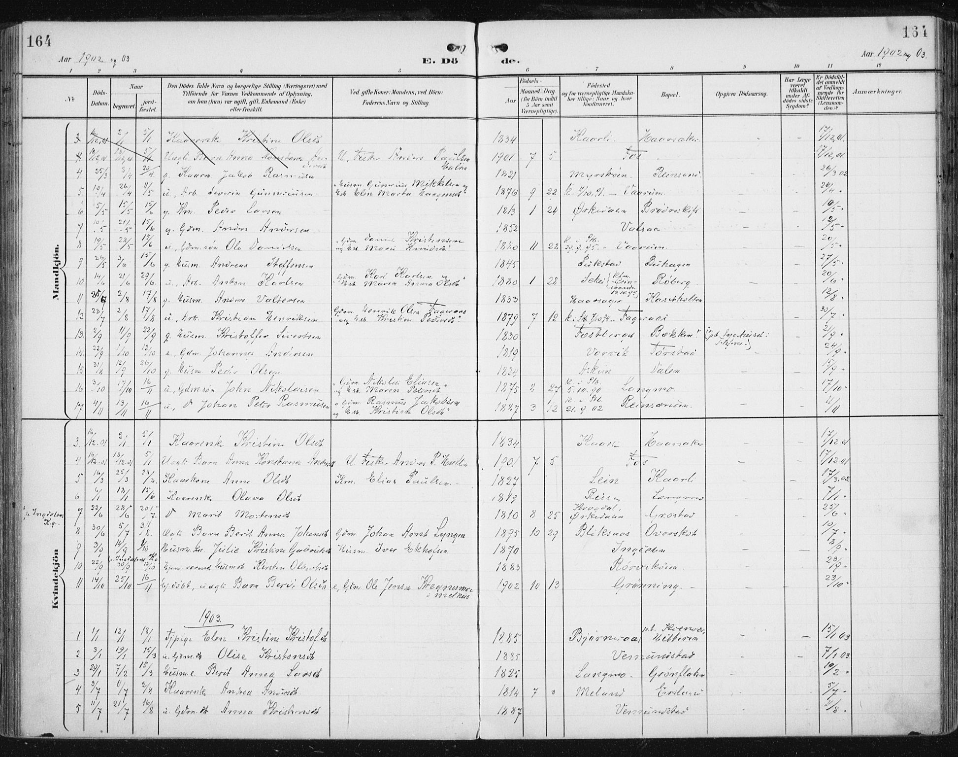 Ministerialprotokoller, klokkerbøker og fødselsregistre - Sør-Trøndelag, SAT/A-1456/646/L0616: Parish register (official) no. 646A14, 1900-1918, p. 164