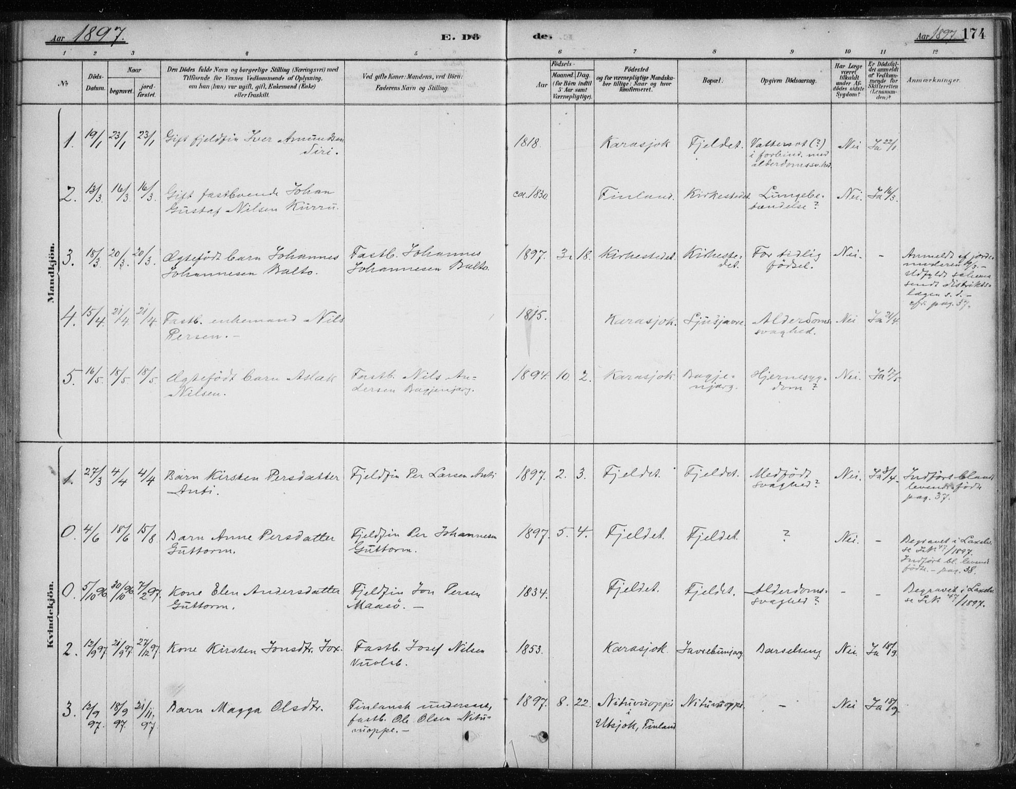 Karasjok sokneprestkontor, AV/SATØ-S-1352/H/Ha/L0002kirke: Parish register (official) no. 2, 1885-1906, p. 174