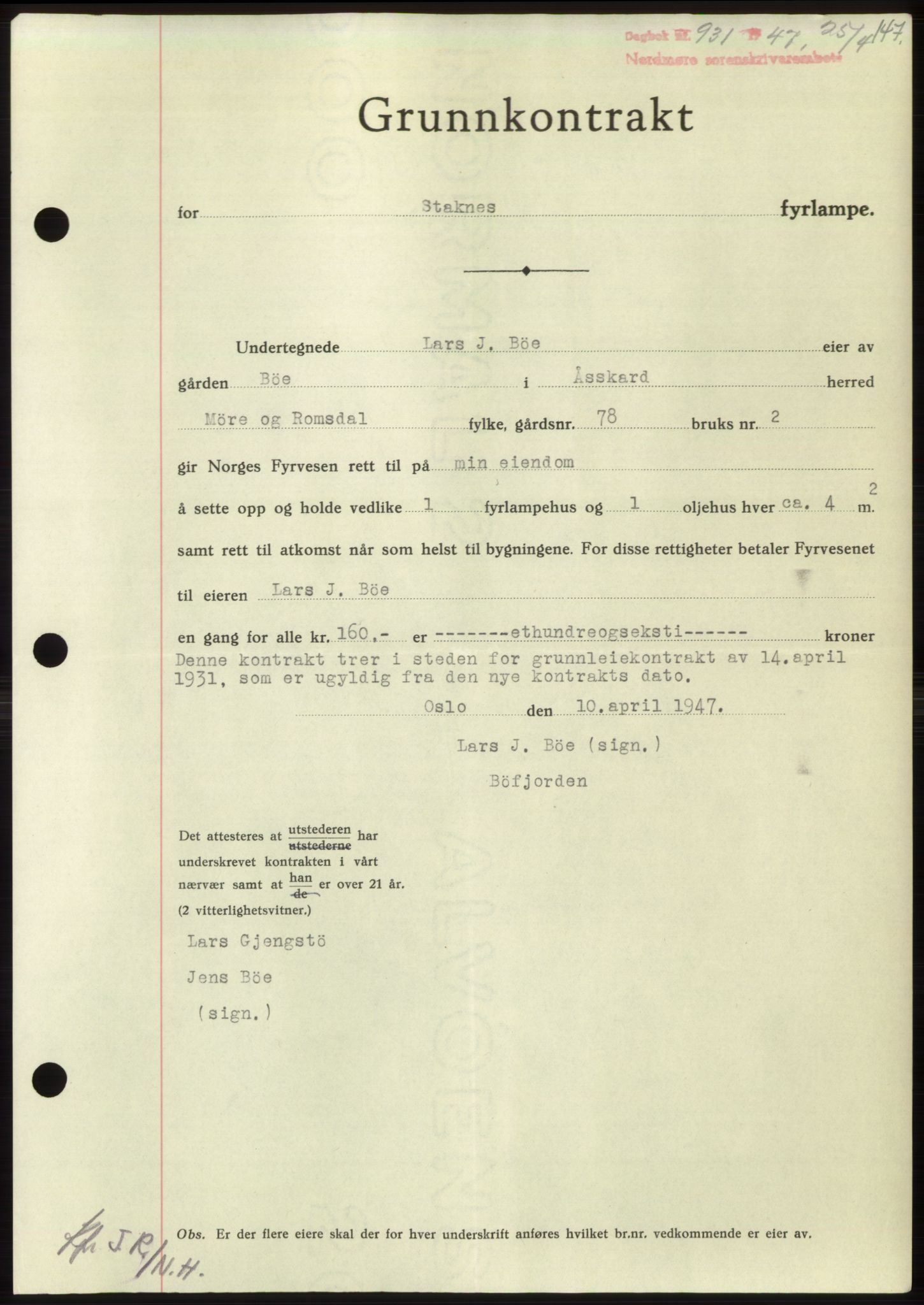 Nordmøre sorenskriveri, AV/SAT-A-4132/1/2/2Ca: Mortgage book no. B96, 1947-1947, Diary no: : 931/1947