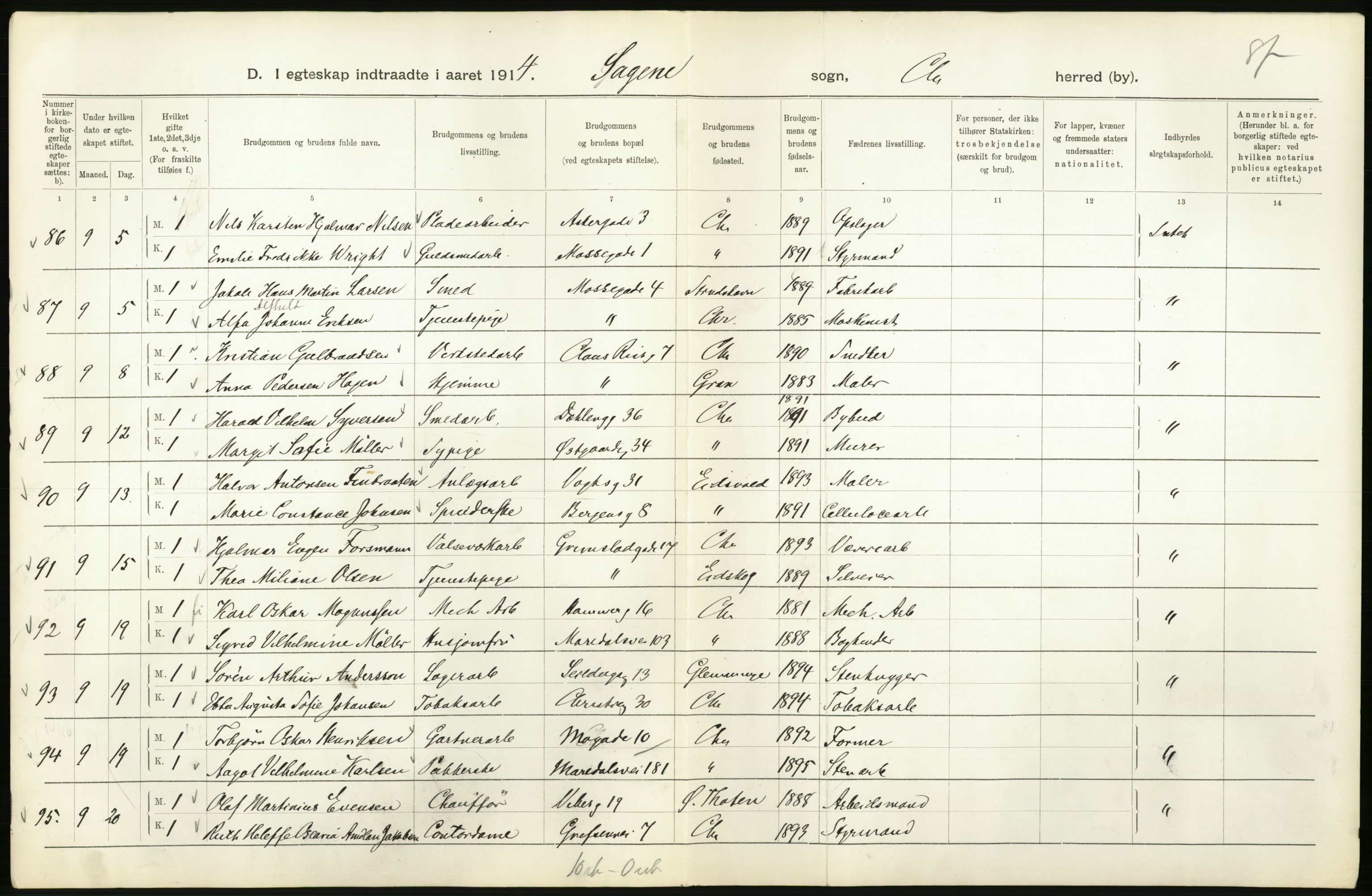 Statistisk sentralbyrå, Sosiodemografiske emner, Befolkning, RA/S-2228/D/Df/Dfb/Dfbd/L0007: Kristiania: Gifte, 1914, p. 190