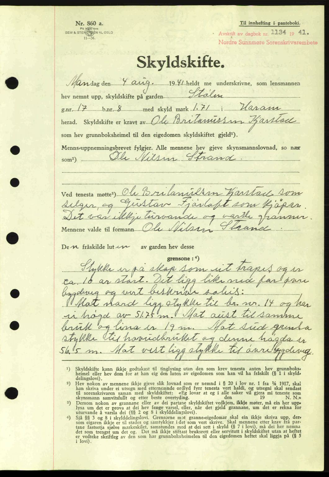 Nordre Sunnmøre sorenskriveri, AV/SAT-A-0006/1/2/2C/2Ca: Mortgage book no. A11, 1941-1941, Diary no: : 1134/1941