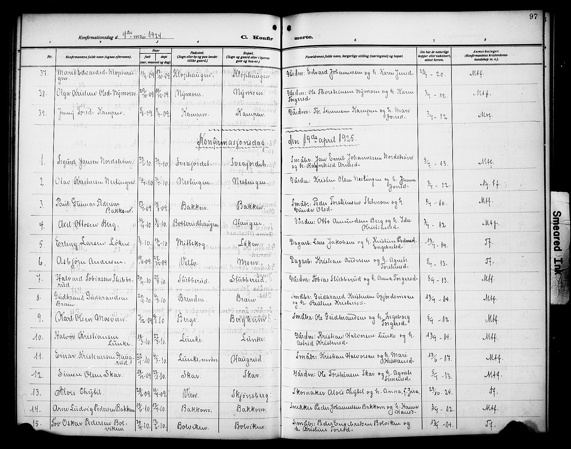 Øyer prestekontor, SAH/PREST-084/H/Ha/Hab/L0007: Parish register (copy) no. 7, 1913-1928, p. 97