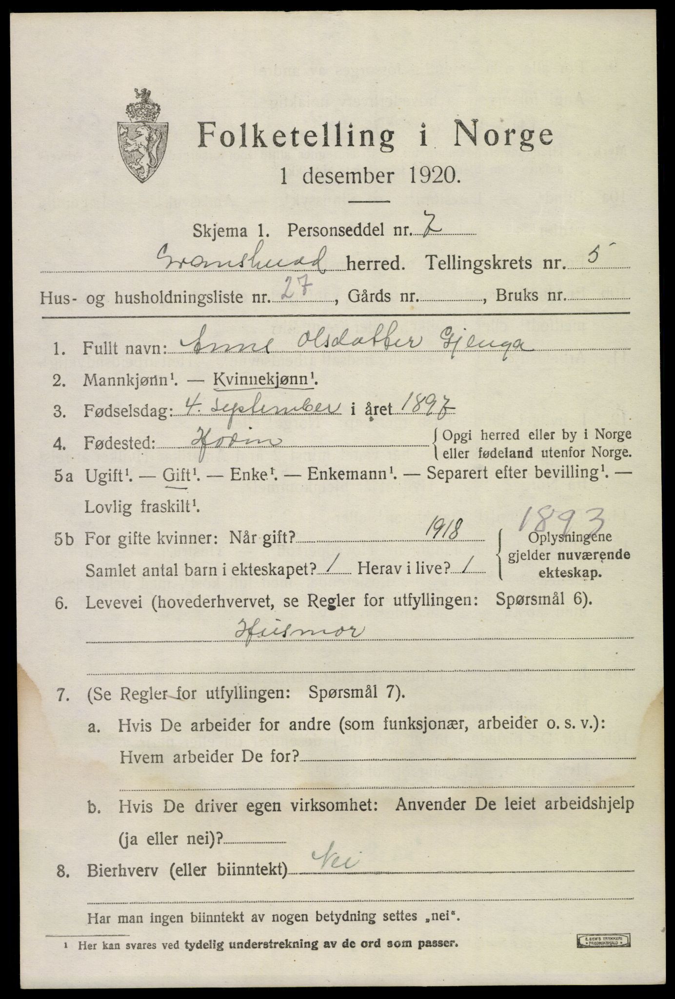 SAKO, 1920 census for Gransherad, 1920, p. 2306