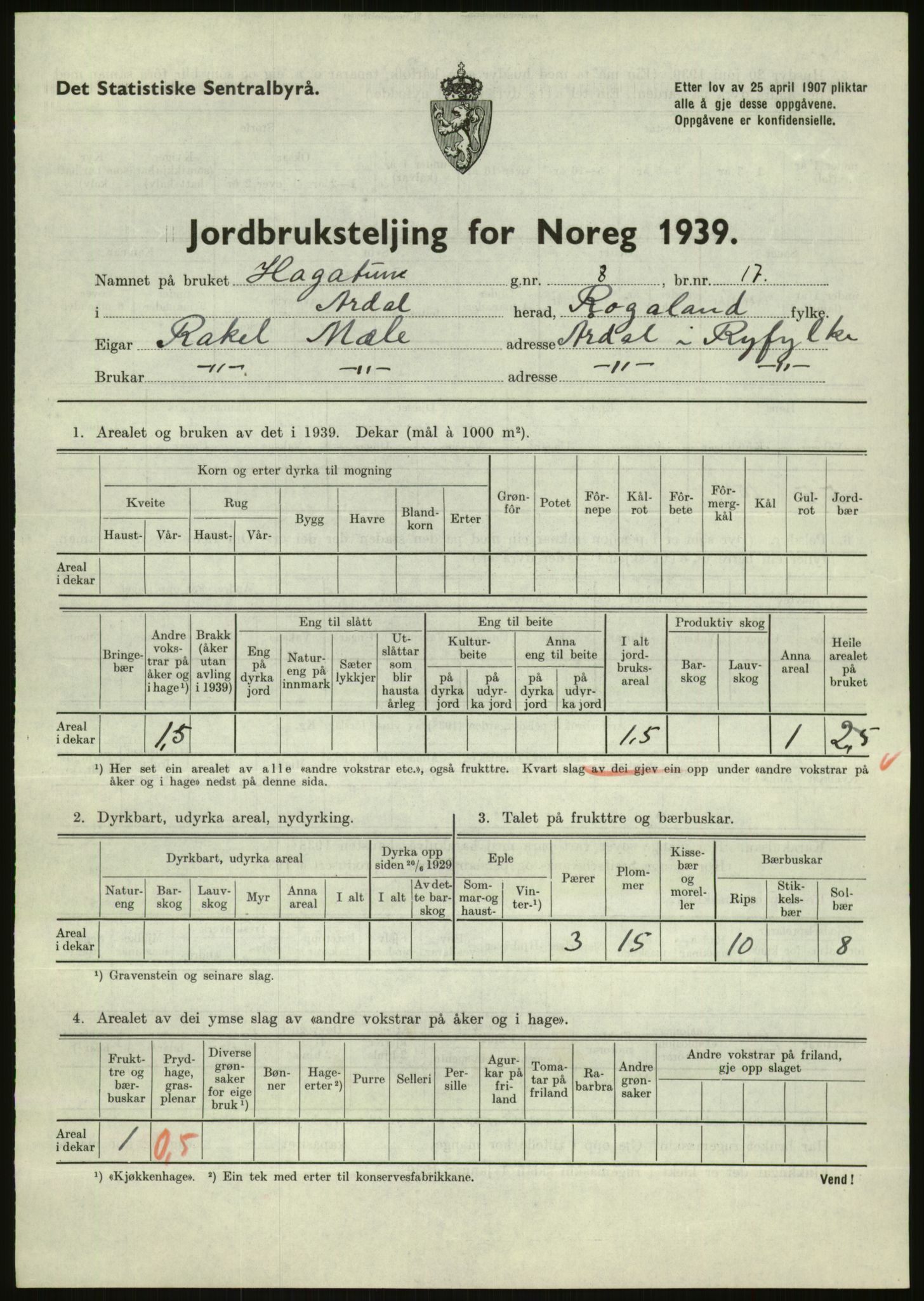 Statistisk sentralbyrå, Næringsøkonomiske emner, Jordbruk, skogbruk, jakt, fiske og fangst, AV/RA-S-2234/G/Gb/L0184: Rogaland: Årdal, Fister og Hjelmeland, 1939, p. 401