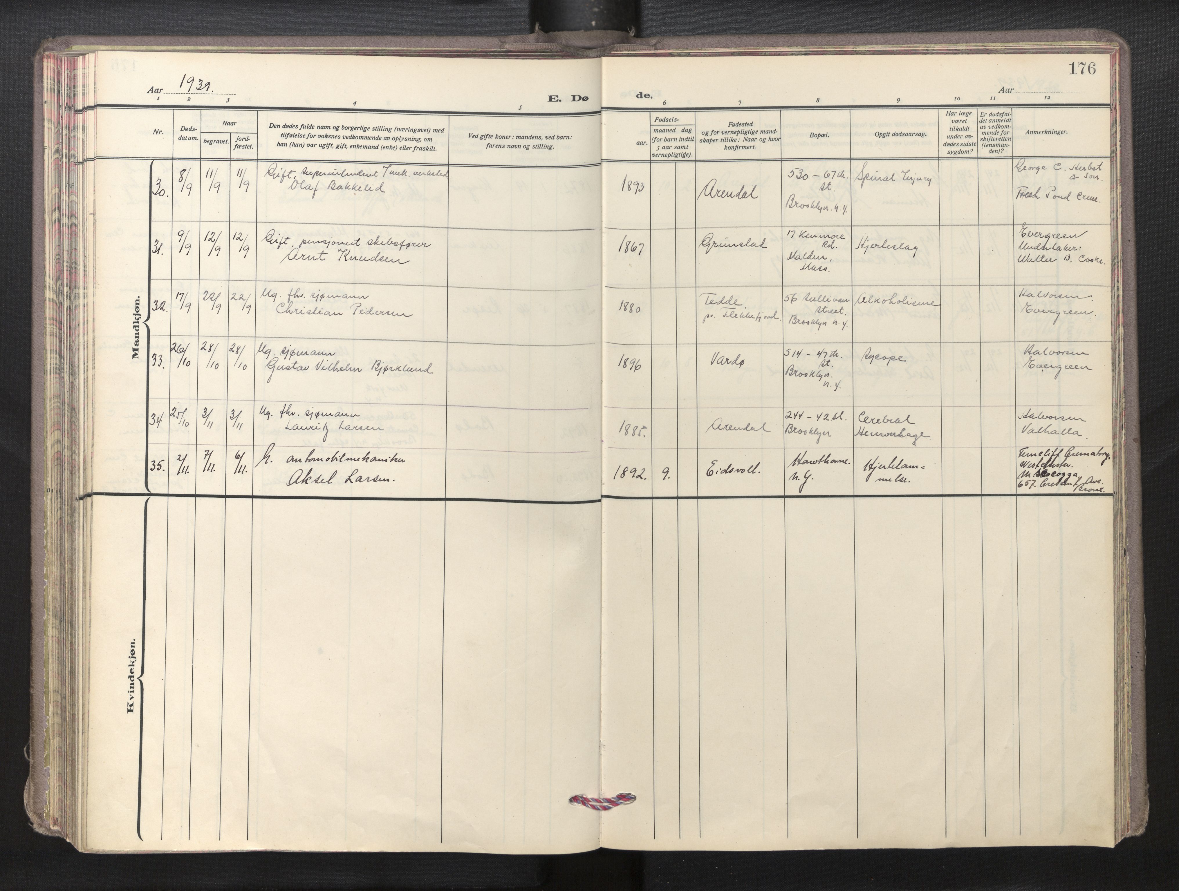 Den norske sjømannsmisjon i utlandet/New York, AV/SAB-SAB/PA-0110/H/Ha/L0009: Parish register (official) no. A 9, 1935-1945, p. 175b-176a