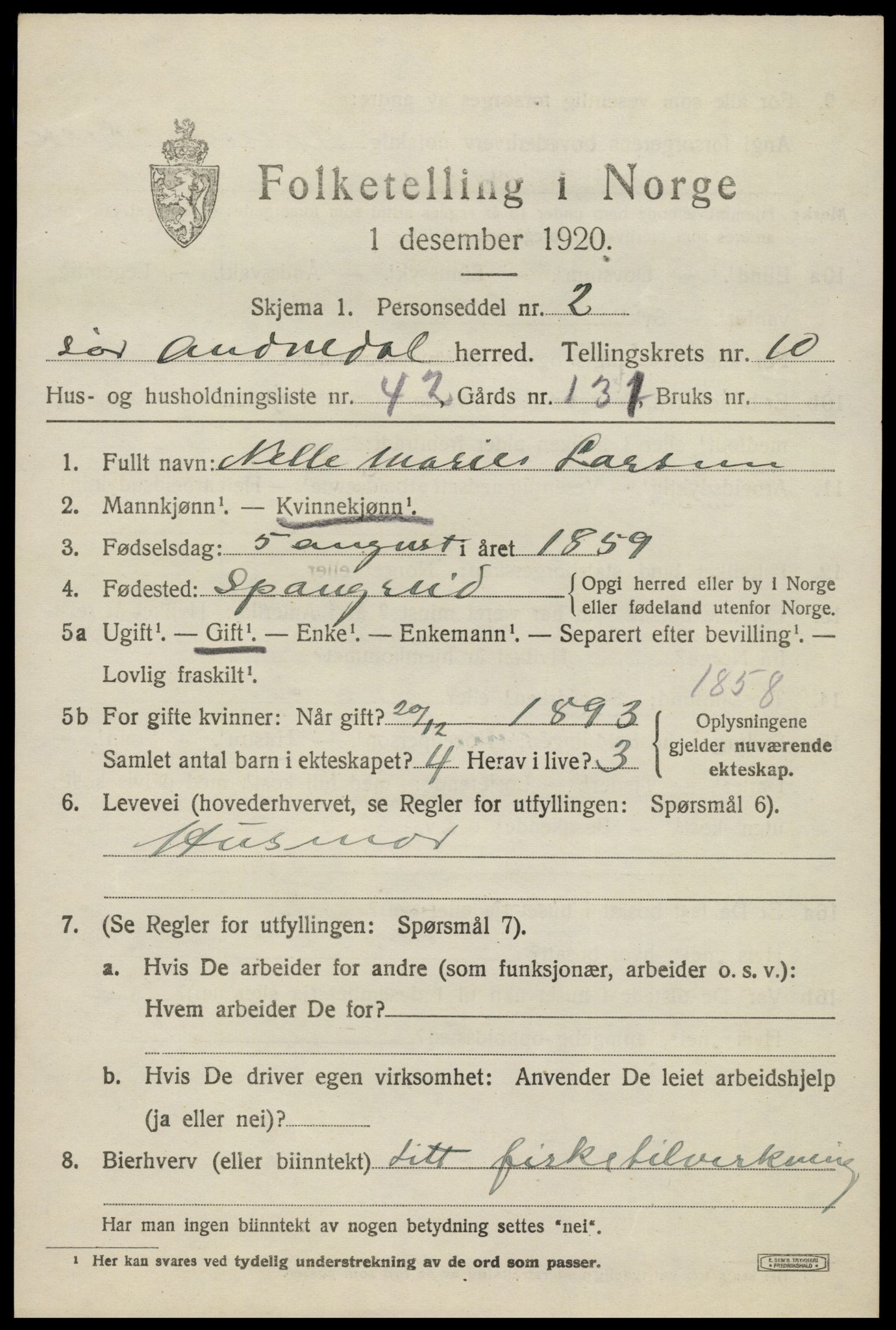 SAK, 1920 census for Sør-Audnedal, 1920, p. 4193