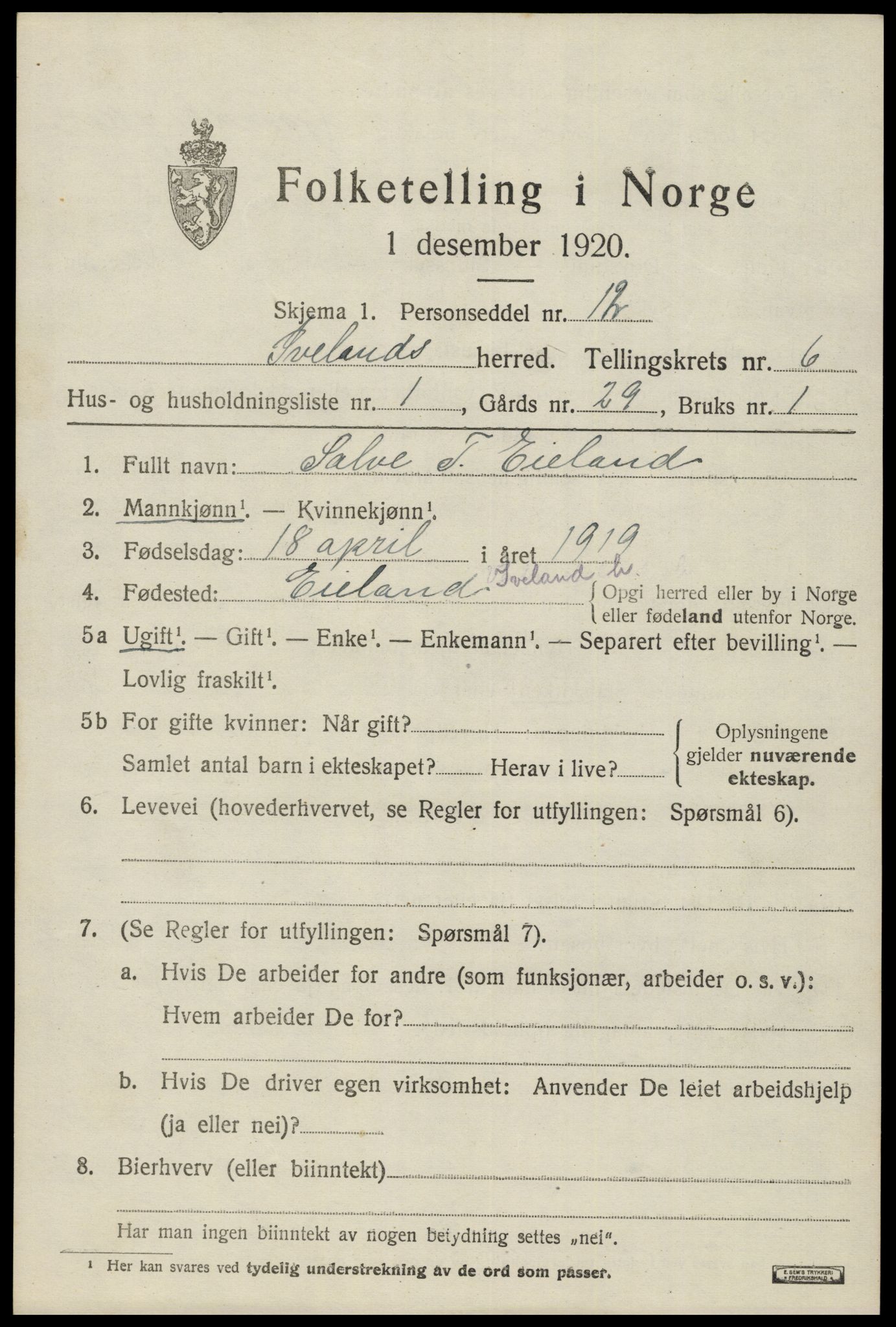 SAK, 1920 census for Iveland, 1920, p. 1949