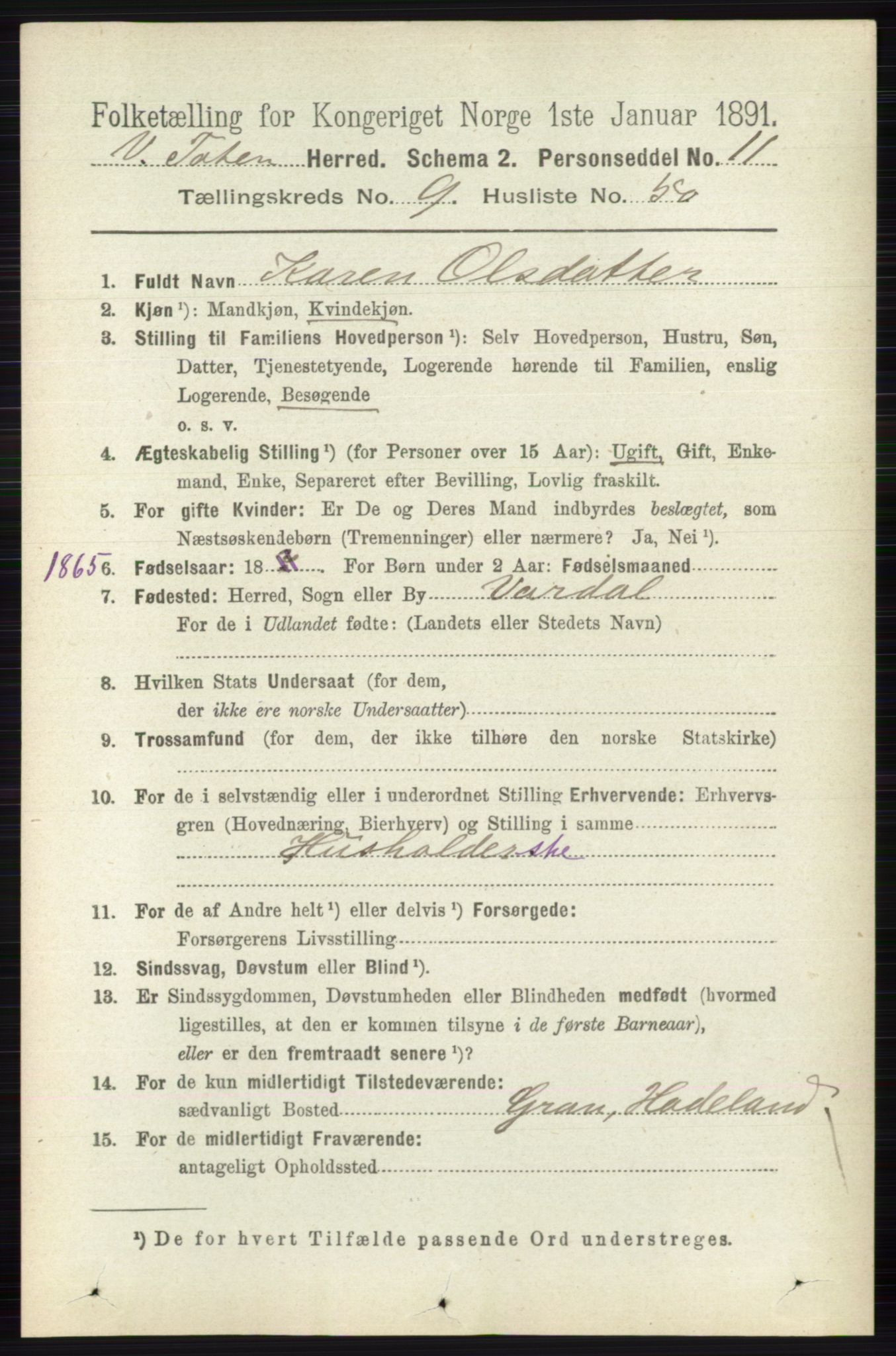 RA, 1891 census for 0529 Vestre Toten, 1891, p. 5879