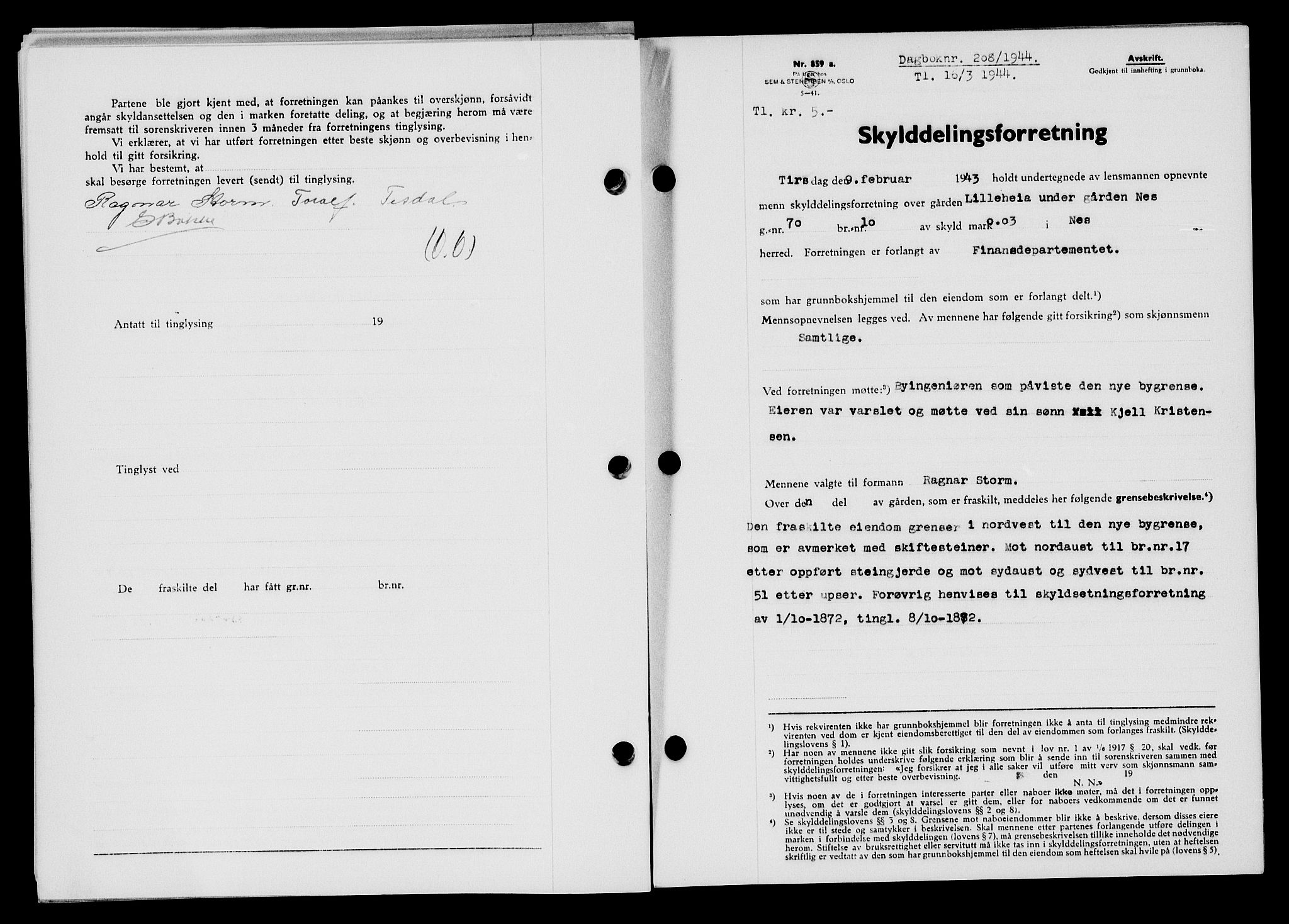 Flekkefjord sorenskriveri, SAK/1221-0001/G/Gb/Gba/L0059: Mortgage book no. A-7, 1944-1945, Diary no: : 208/1944