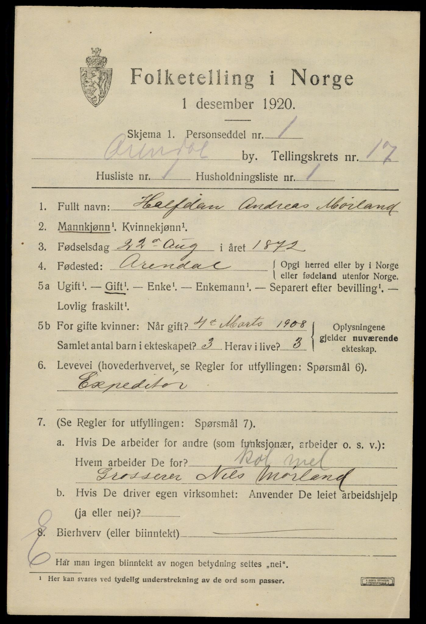 SAK, 1920 census for Arendal, 1920, p. 24046