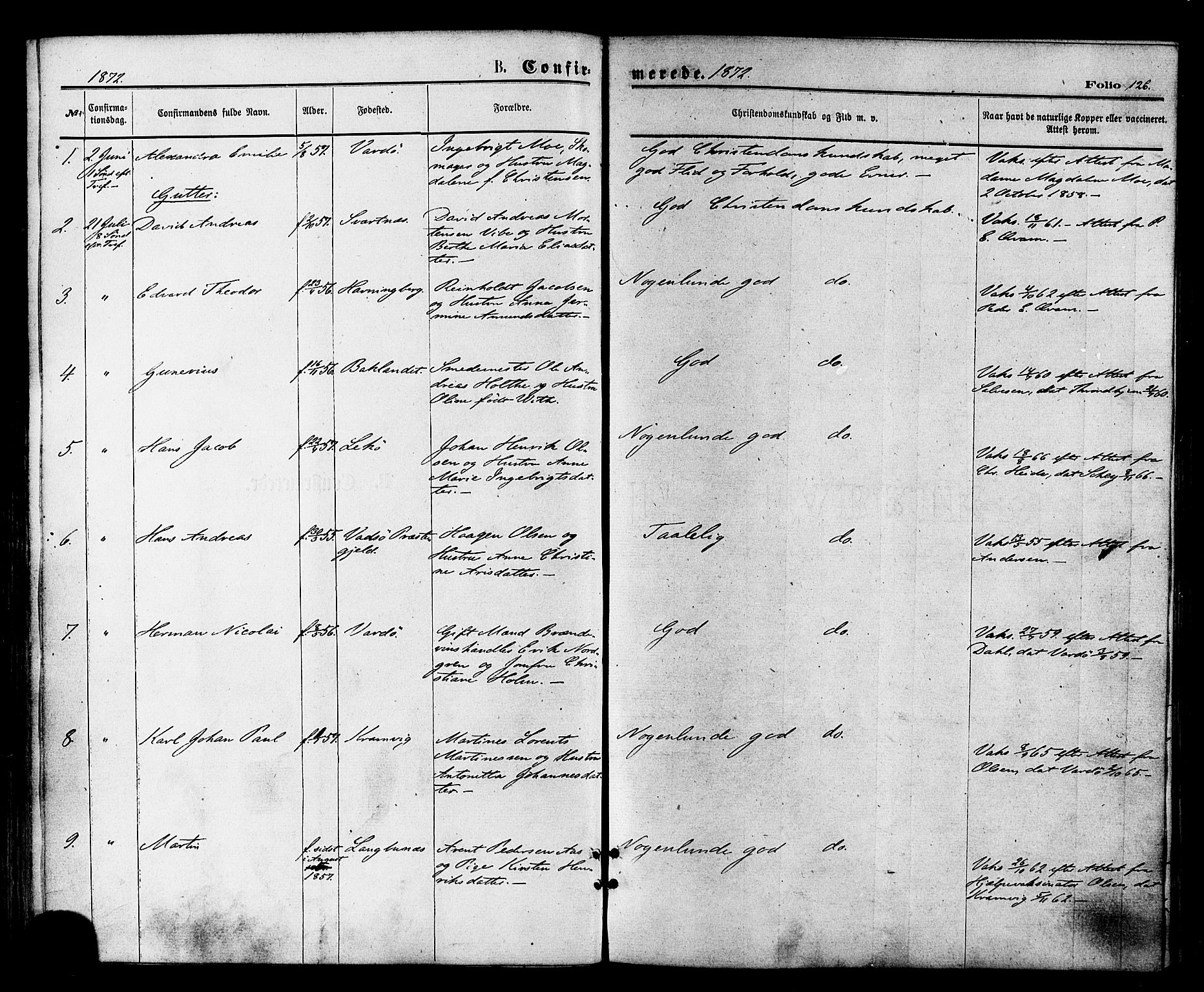 Vardø sokneprestkontor, SATØ/S-1332/H/Ha/L0005kirke: Parish register (official) no. 5, 1872-1878, p. 126