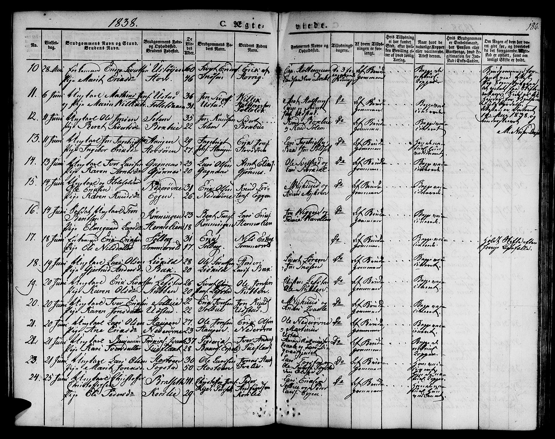 Ministerialprotokoller, klokkerbøker og fødselsregistre - Sør-Trøndelag, AV/SAT-A-1456/668/L0804: Parish register (official) no. 668A04, 1826-1839, p. 186