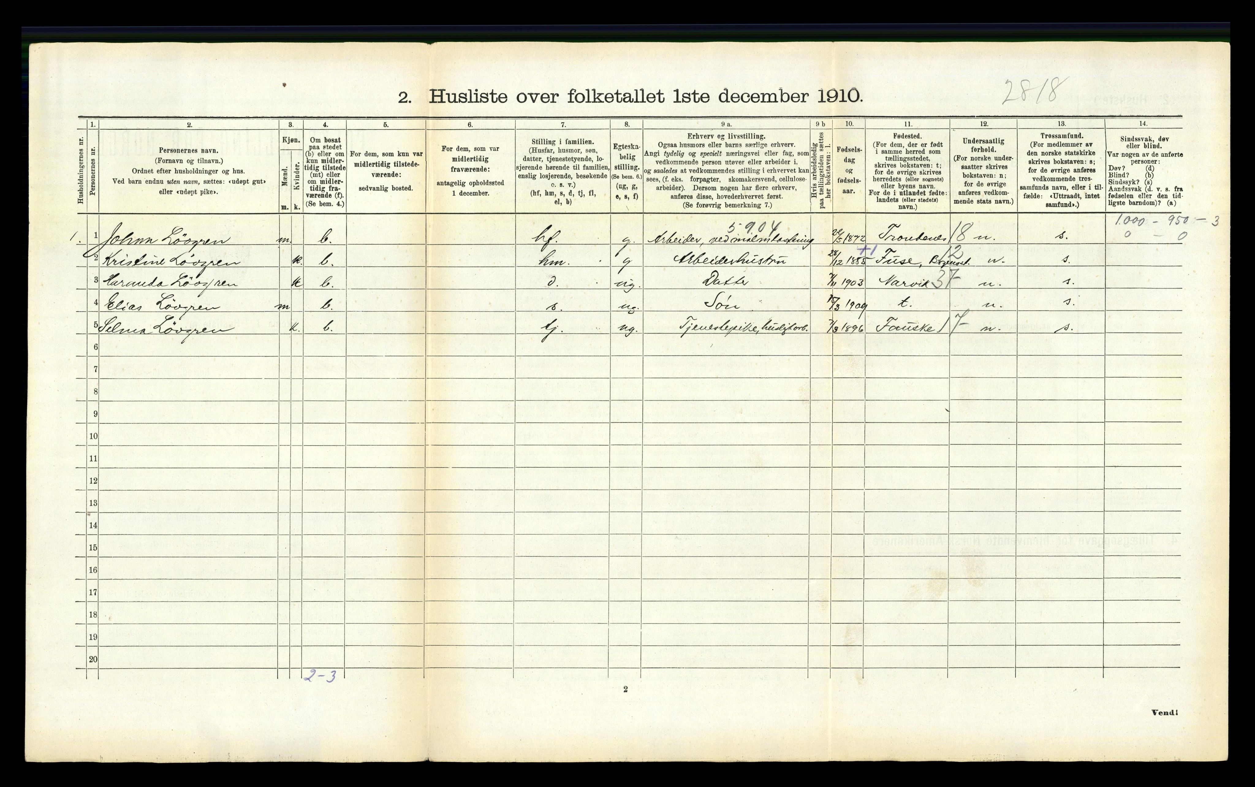 RA, 1910 census for Ankenes, 1910, p. 664