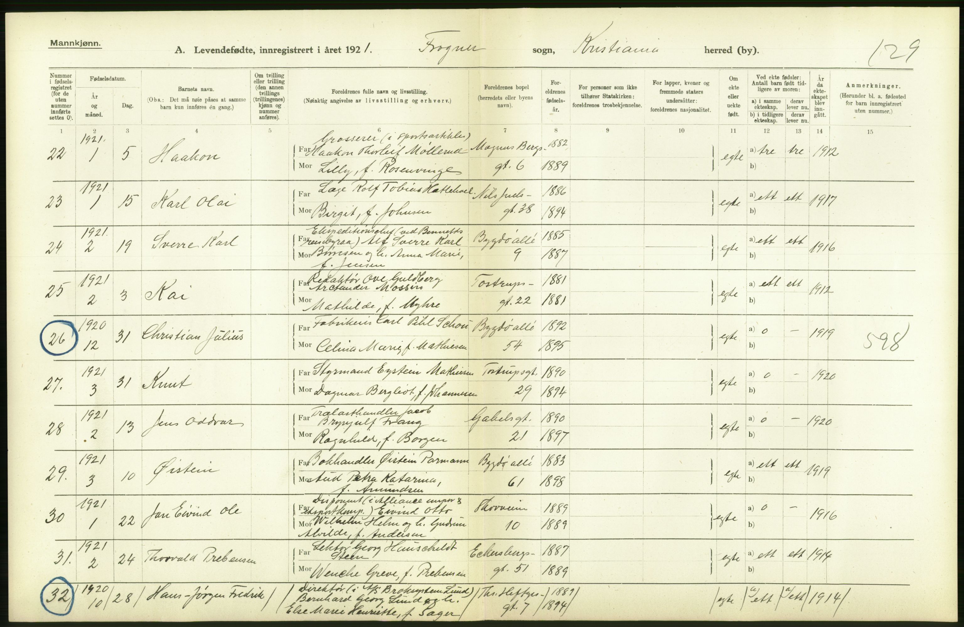 Statistisk sentralbyrå, Sosiodemografiske emner, Befolkning, AV/RA-S-2228/D/Df/Dfc/Dfca/L0010: Kristiania: Levendefødte menn og kvinner., 1921, p. 58