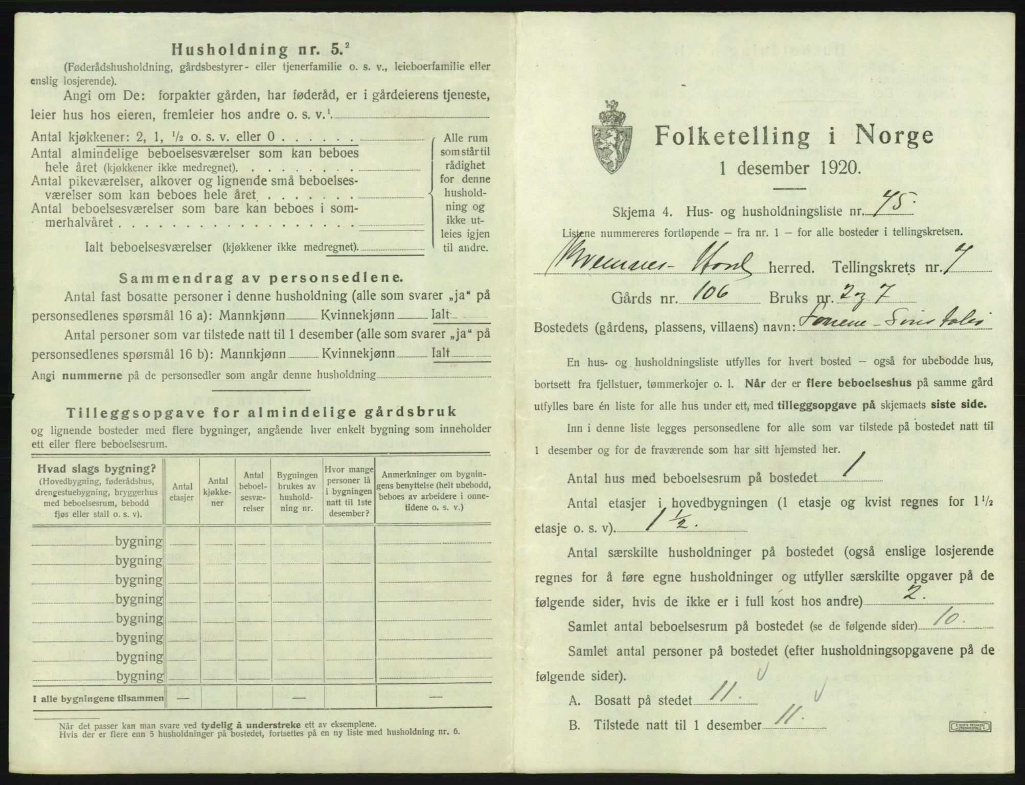 SAB, 1920 census for Bremnes, 1920, p. 629