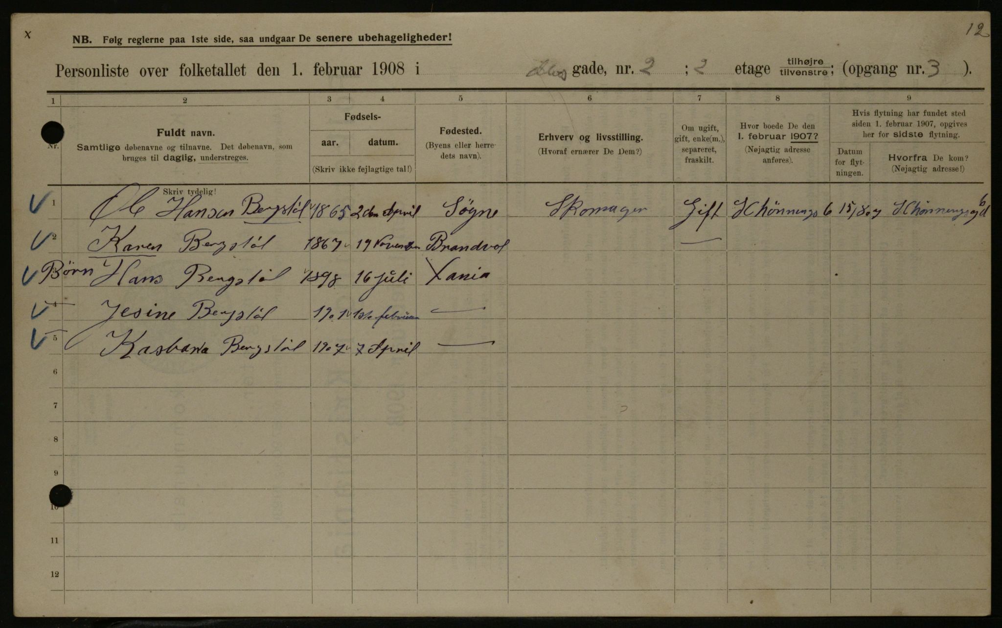 OBA, Municipal Census 1908 for Kristiania, 1908, p. 2029