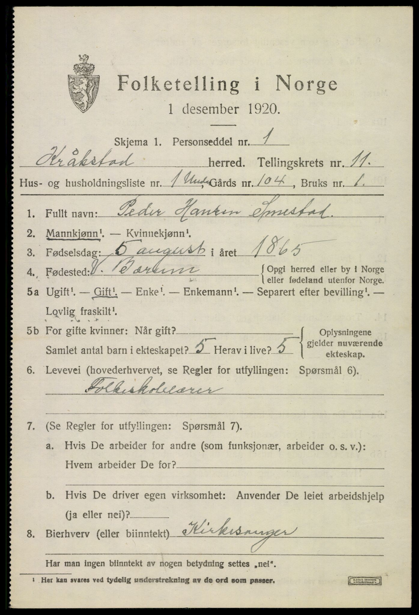 SAO, 1920 census for Kråkstad, 1920, p. 11219