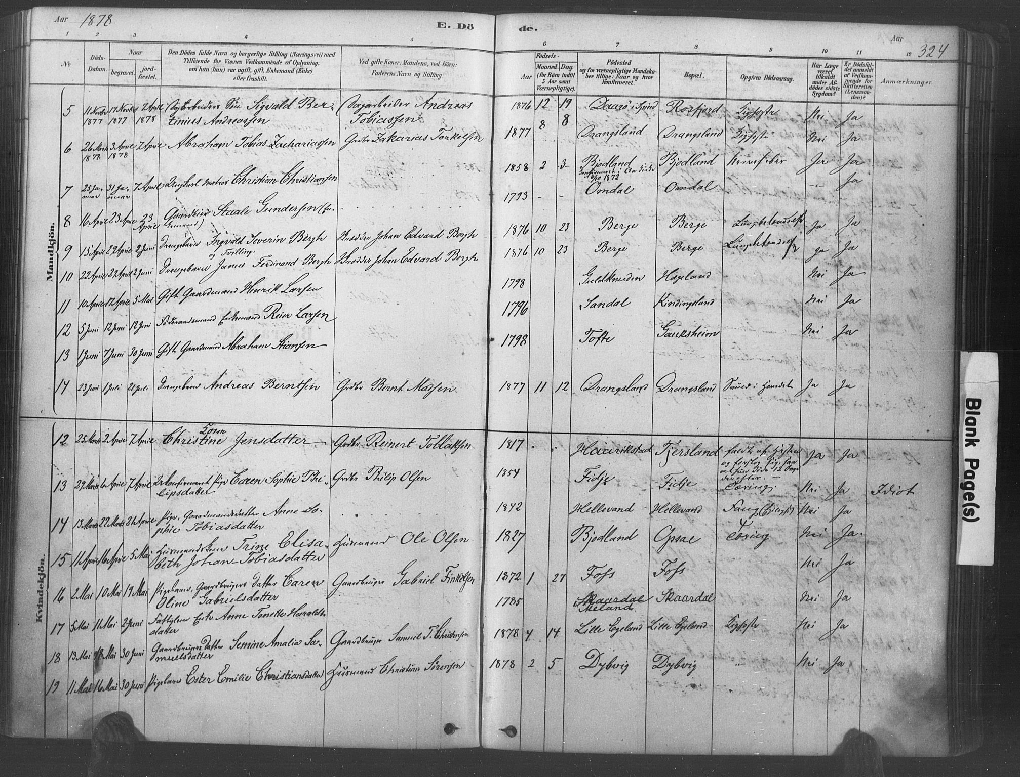 Lyngdal sokneprestkontor, AV/SAK-1111-0029/F/Fa/Fac/L0011: Parish register (official) no. A 11, 1878-1893, p. 324