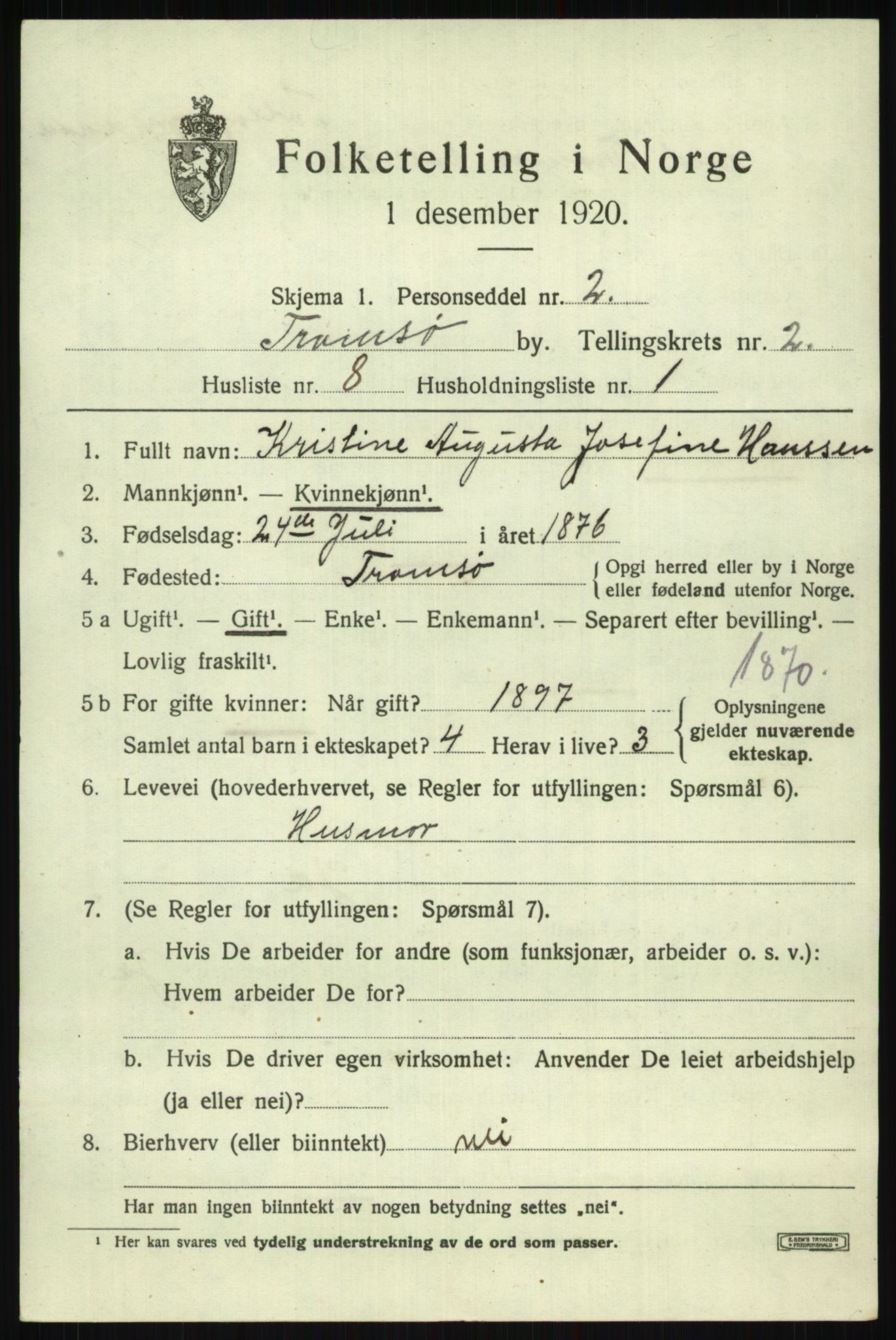 SATØ, 1920 census for Tromsø, 1920, p. 8898