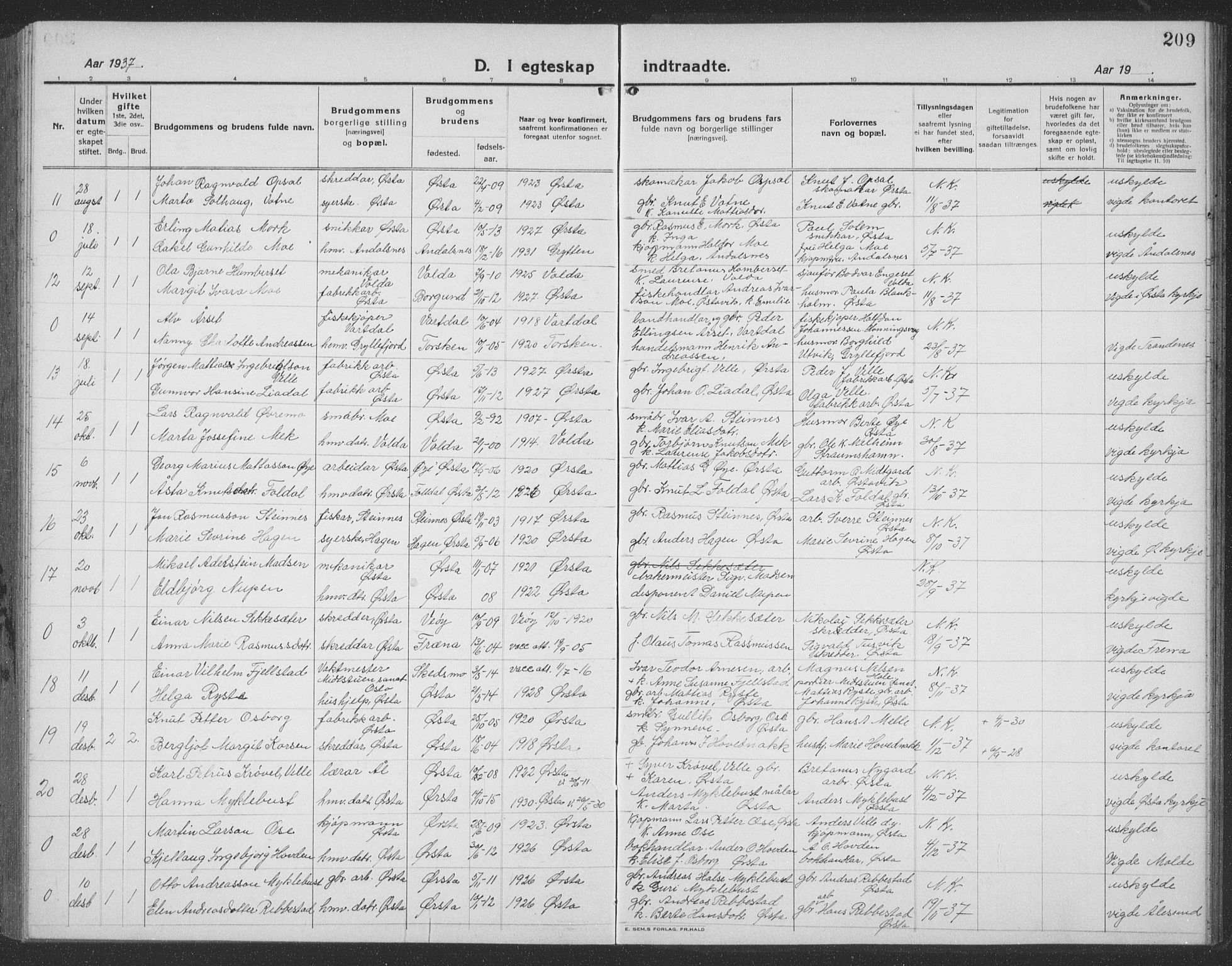 Ministerialprotokoller, klokkerbøker og fødselsregistre - Møre og Romsdal, AV/SAT-A-1454/513/L0191: Parish register (copy) no. 513C05, 1920-1941, p. 209