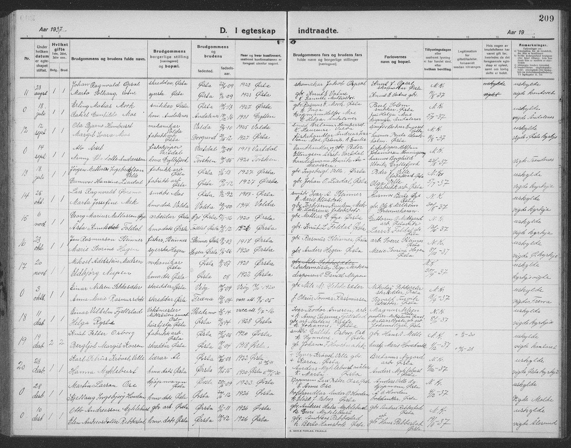 Ministerialprotokoller, klokkerbøker og fødselsregistre - Møre og Romsdal, SAT/A-1454/513/L0191: Parish register (copy) no. 513C05, 1920-1941, p. 209