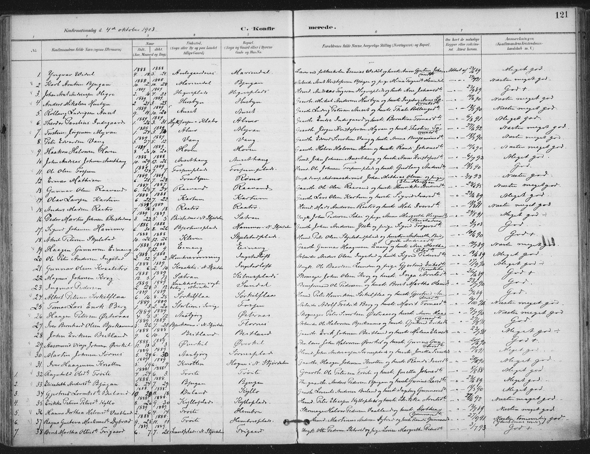 Ministerialprotokoller, klokkerbøker og fødselsregistre - Nord-Trøndelag, SAT/A-1458/703/L0031: Parish register (official) no. 703A04, 1893-1914, p. 121