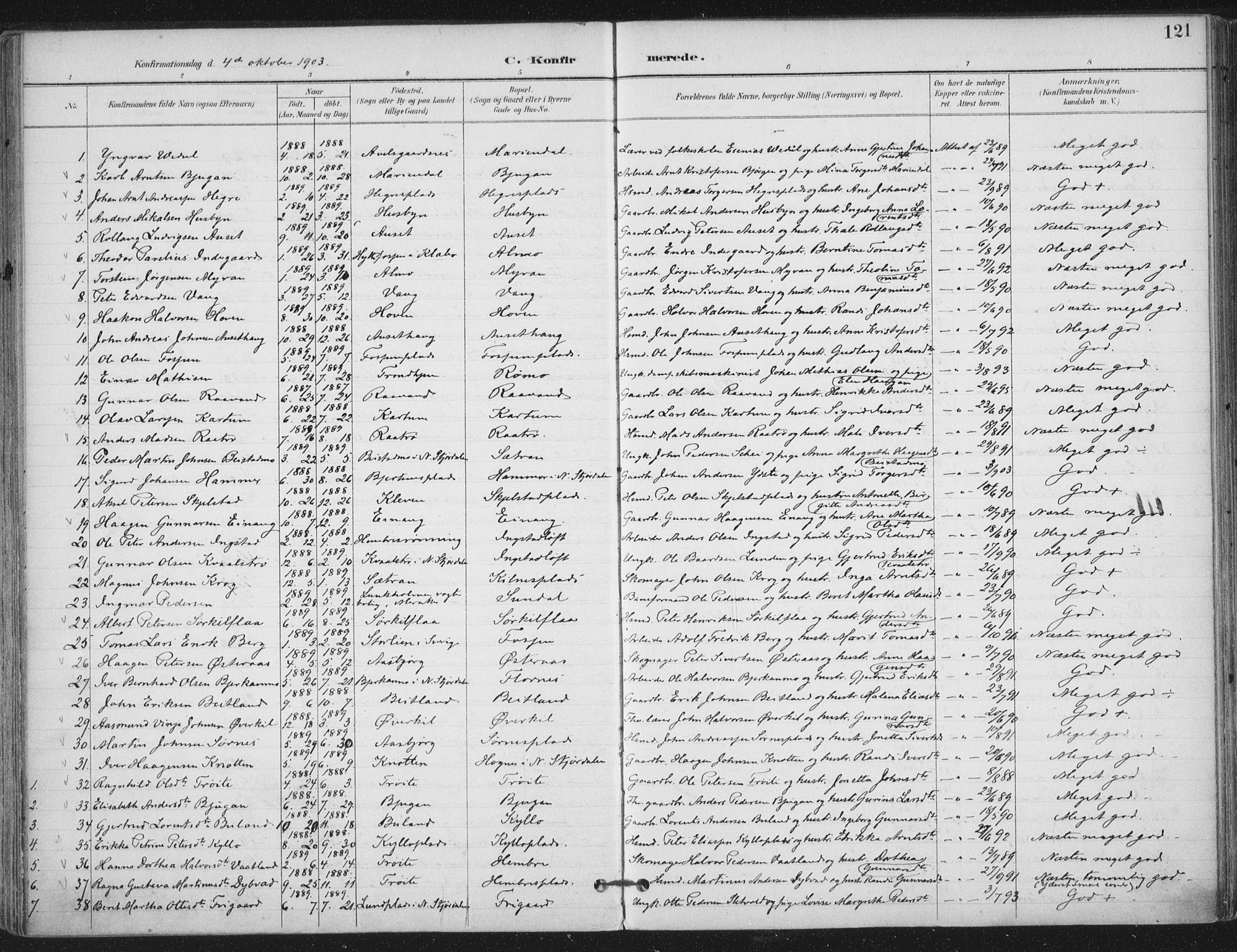 Ministerialprotokoller, klokkerbøker og fødselsregistre - Nord-Trøndelag, AV/SAT-A-1458/703/L0031: Parish register (official) no. 703A04, 1893-1914, p. 121