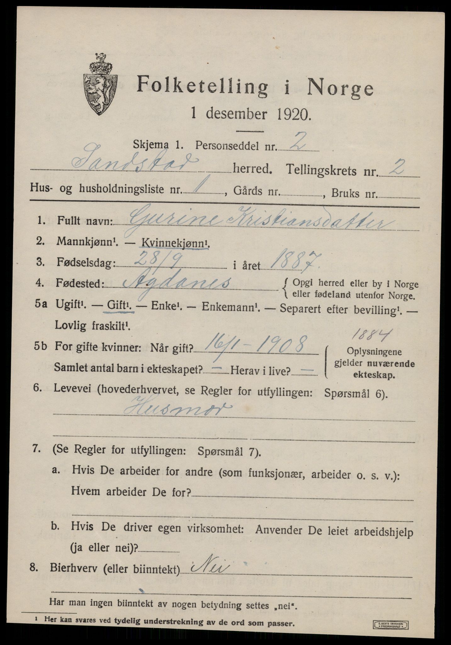 SAT, 1920 census for Sandstad, 1920, p. 651