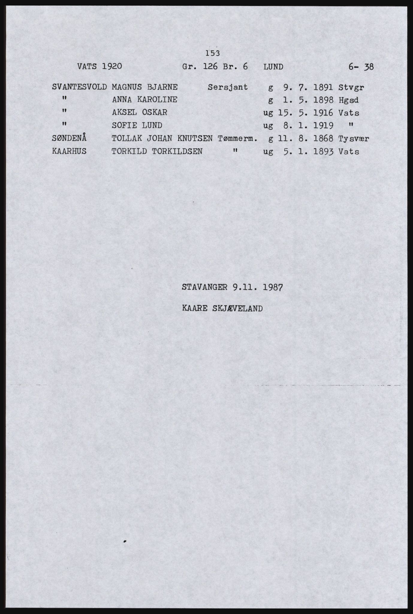 SAST, Copy of 1920 census for the Northern Rogaland, 1920, p. 167