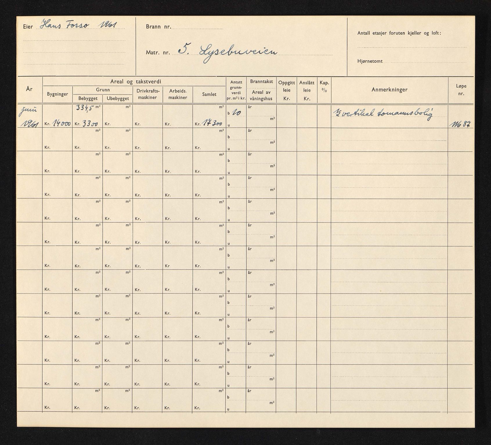 Stavanger kommune. Skattetakstvesenet, BYST/A-0440/F/Fa/Faa/L0029/0002: Skattetakstkort / Lysebuveien 1 - Lysefjordgata 31